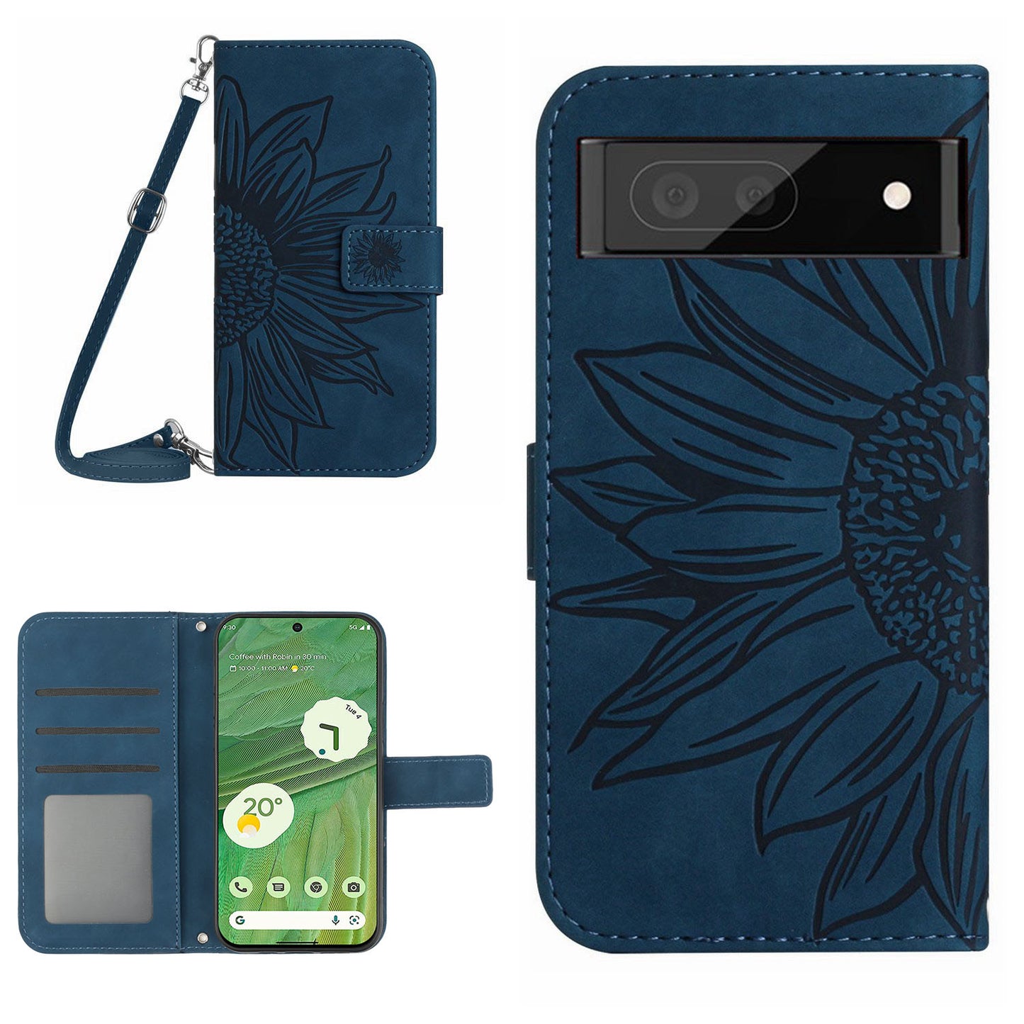 HT04 Skin-friendly Phone Case For Google Pixel 7 5G, Wallet Stand Imprinted Sunflower Shockproof Cell Phone Cover with Shoulder Strap