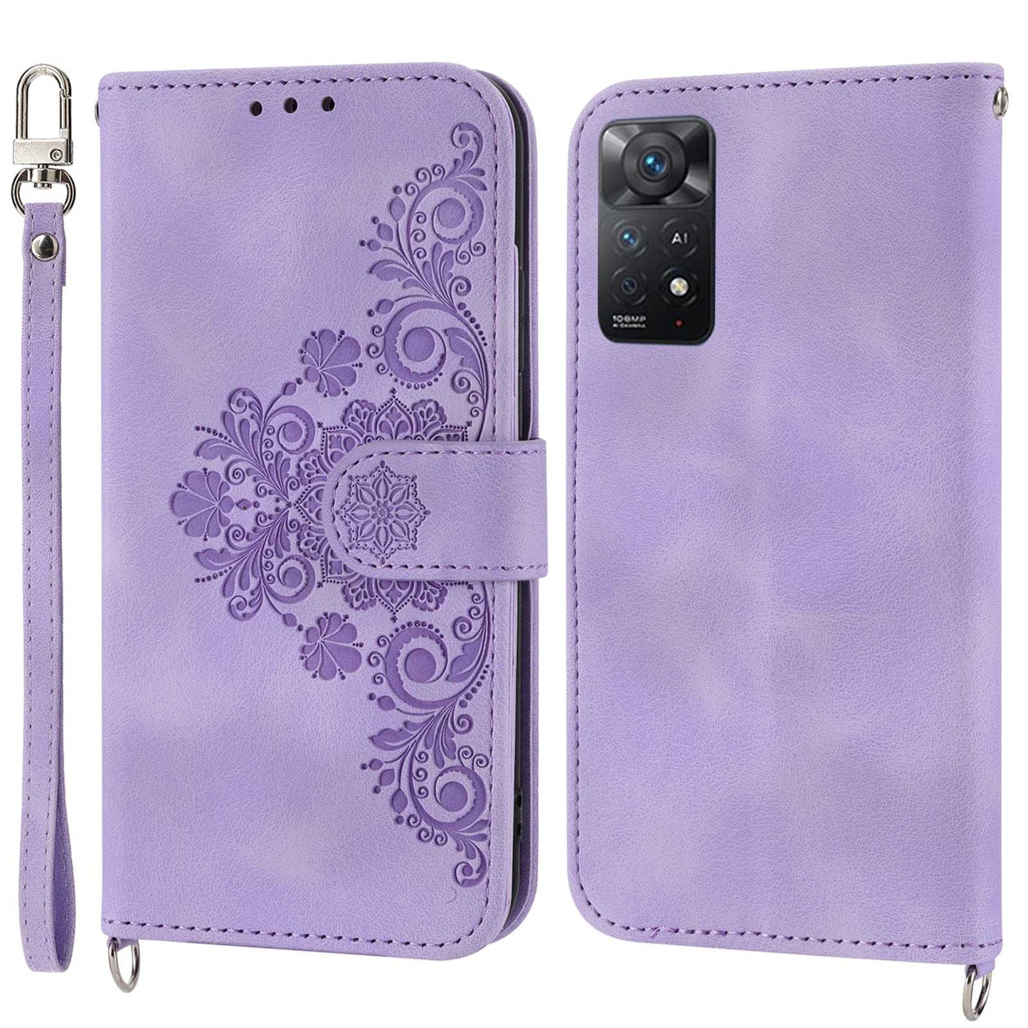 Skin-touch Smartphone Cover For Xiaomi Redmi Note 11 4G (Qualcomm) / Note 11S 4G, Imprinted Flowers PU Leather Phone Case Stand Multiple Card Slots with Two Straps