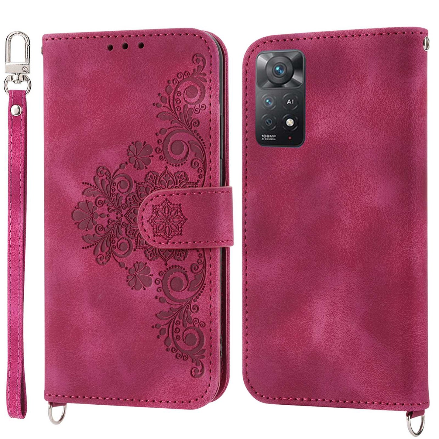 Skin-touch Smartphone Cover For Xiaomi Redmi Note 11 4G (Qualcomm) / Note 11S 4G, Imprinted Flowers PU Leather Phone Case Stand Multiple Card Slots with Two Straps