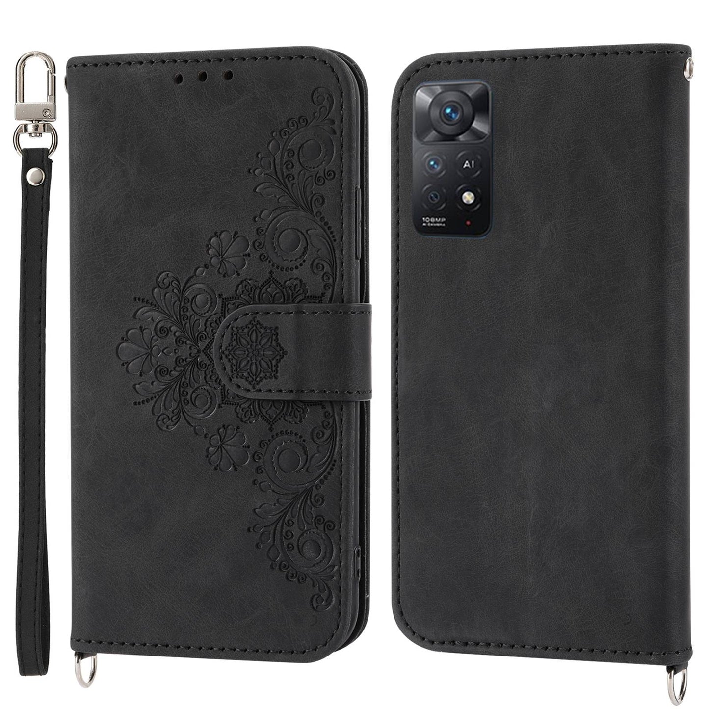 Skin-touch Smartphone Cover For Xiaomi Redmi Note 11 4G (Qualcomm) / Note 11S 4G, Imprinted Flowers PU Leather Phone Case Stand Multiple Card Slots with Two Straps