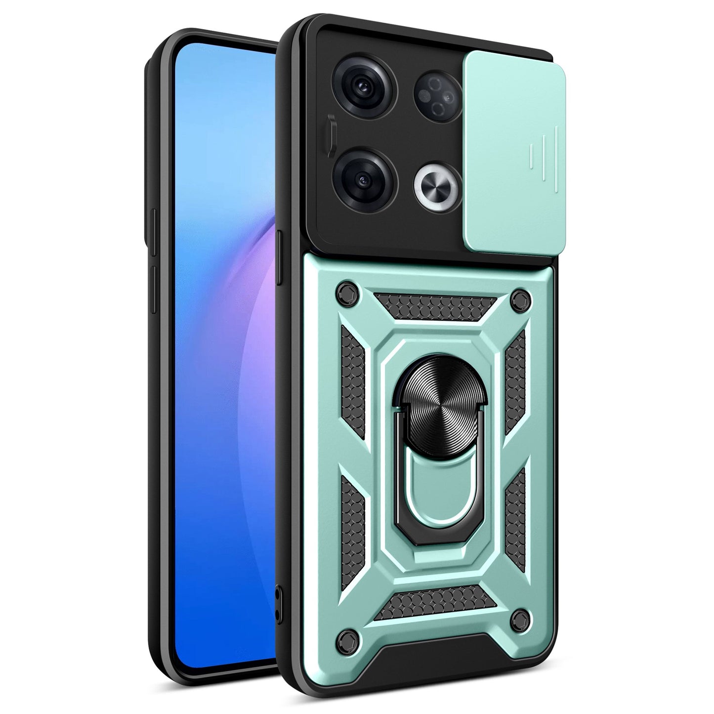 For Oppo Reno8 Pro 5G (Global Version) Ring Kickstand PC + TPU Cover Anti-drop Phone Case with Slide Camera Protector
