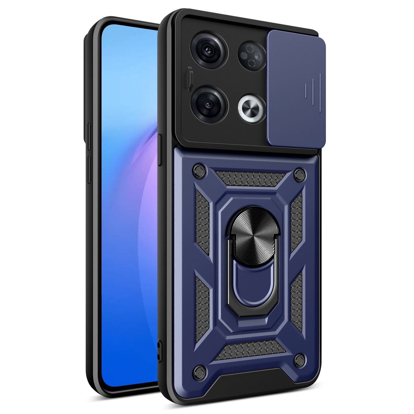 For Oppo Reno8 Pro 5G (Global Version) Ring Kickstand PC + TPU Cover Anti-drop Phone Case with Slide Camera Protector