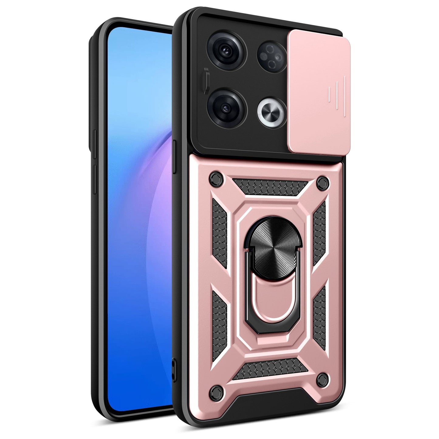 For Oppo Reno8 Pro 5G (Global Version) Ring Kickstand PC + TPU Cover Anti-drop Phone Case with Slide Camera Protector