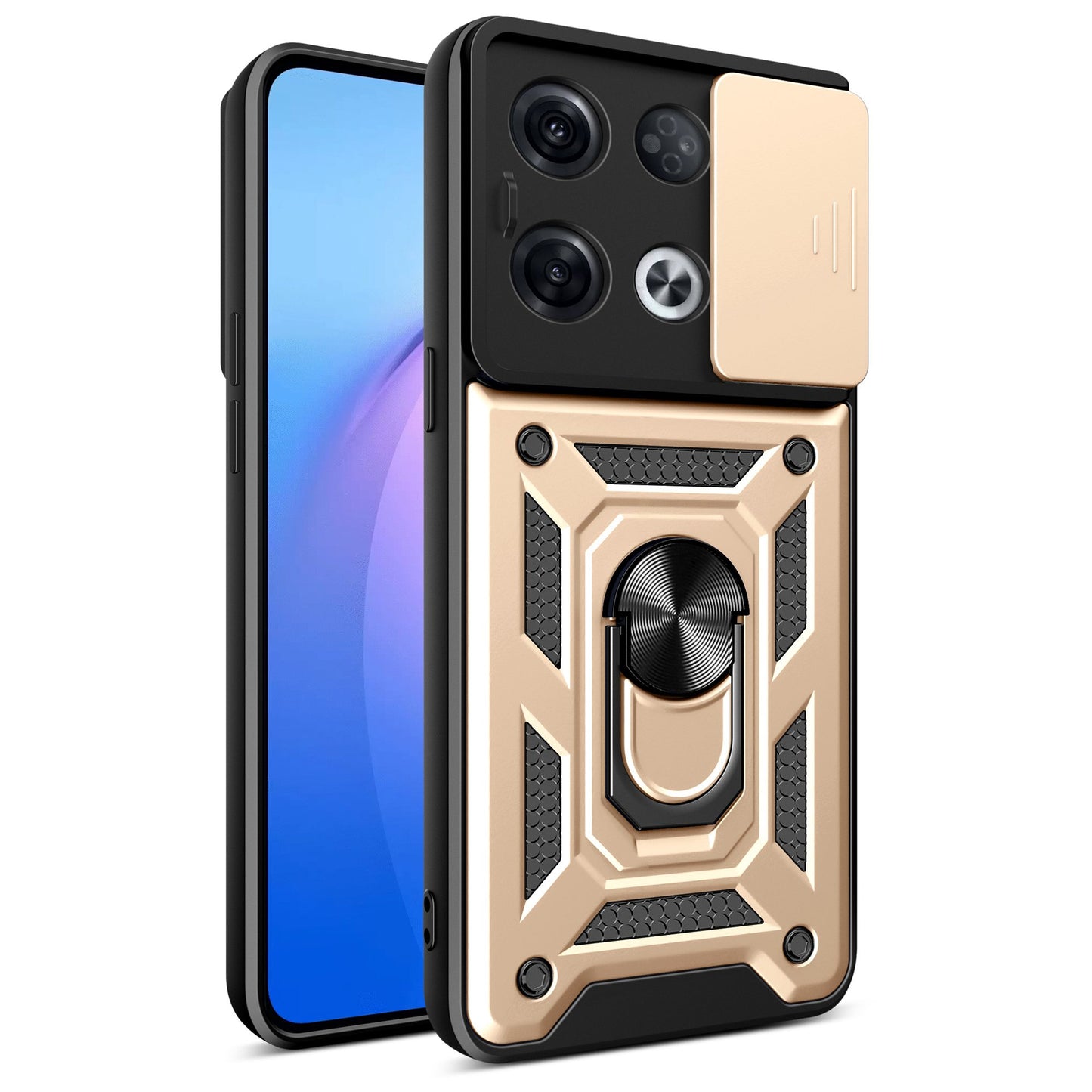 For Oppo Reno8 Pro 5G (Global Version) Ring Kickstand PC + TPU Cover Anti-drop Phone Case with Slide Camera Protector
