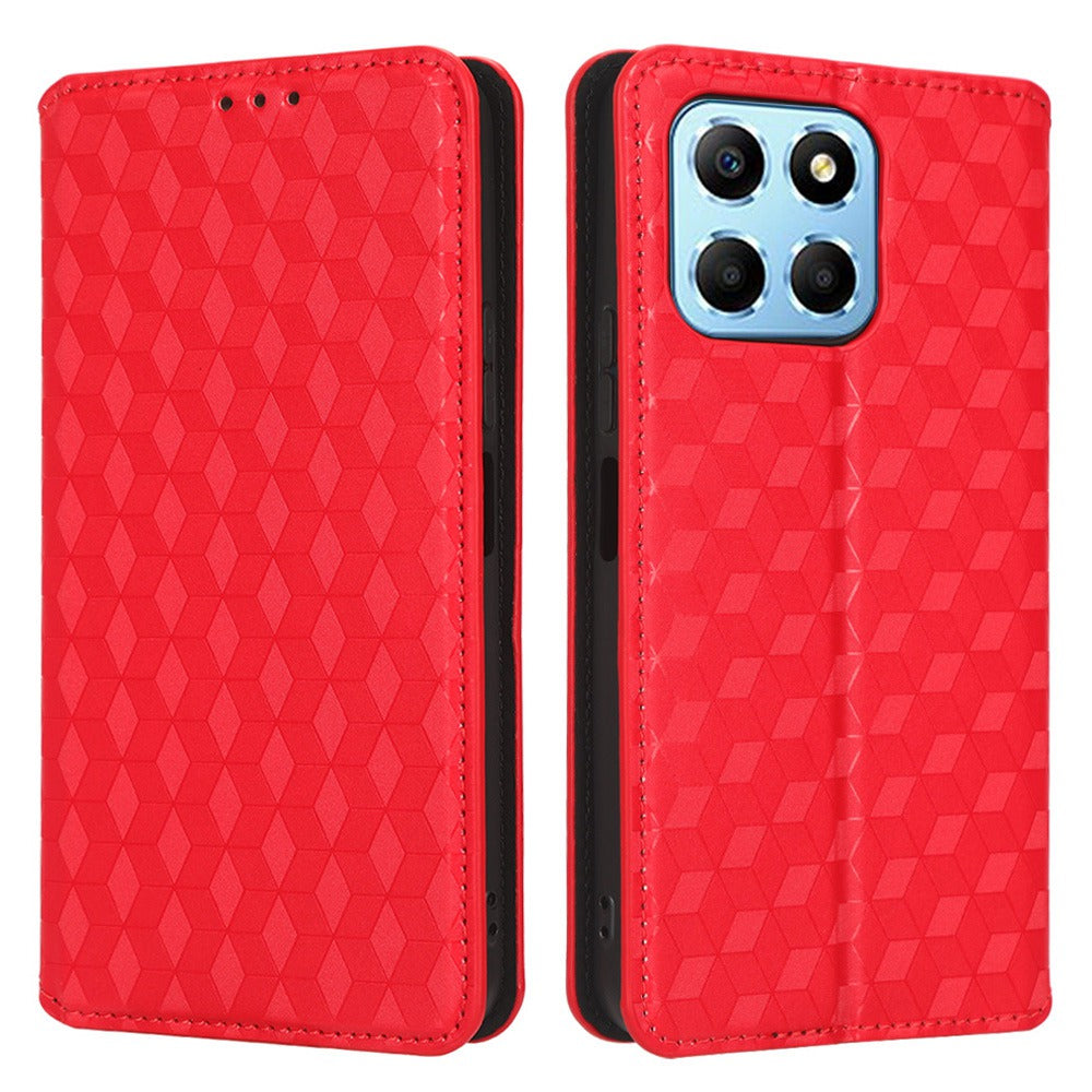For Honor X6 4G / Play6C 4G / X8 5G Rhombus Pattern Imprinted Magnetic Closure Phone Cover PU Leather Flip Wallet Stand Drop-proof Phone Case