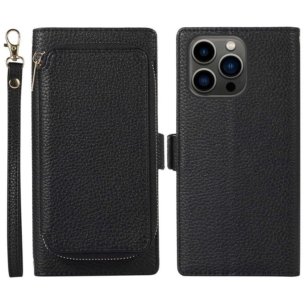 2-in-1 Wallet Phone Case for iPhone 14 Pro Max Litchi Texture Anti-Fall Cover Magnetic PU Leather Stand Case with Zipper Card Bag / Strap