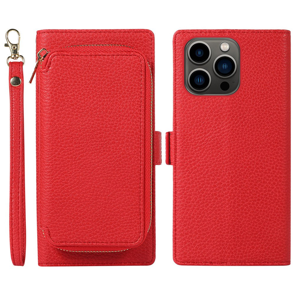 2-in-1 Wallet Phone Case for iPhone 14 Pro Max Litchi Texture Anti-Fall Cover Magnetic PU Leather Stand Case with Zipper Card Bag / Strap