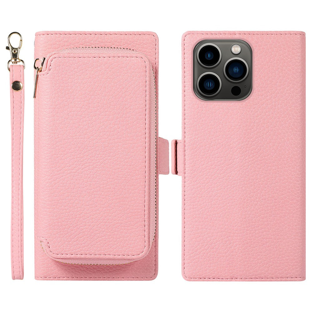 2-in-1 Wallet Phone Case for iPhone 14 Pro Max Litchi Texture Anti-Fall Cover Magnetic PU Leather Stand Case with Zipper Card Bag / Strap