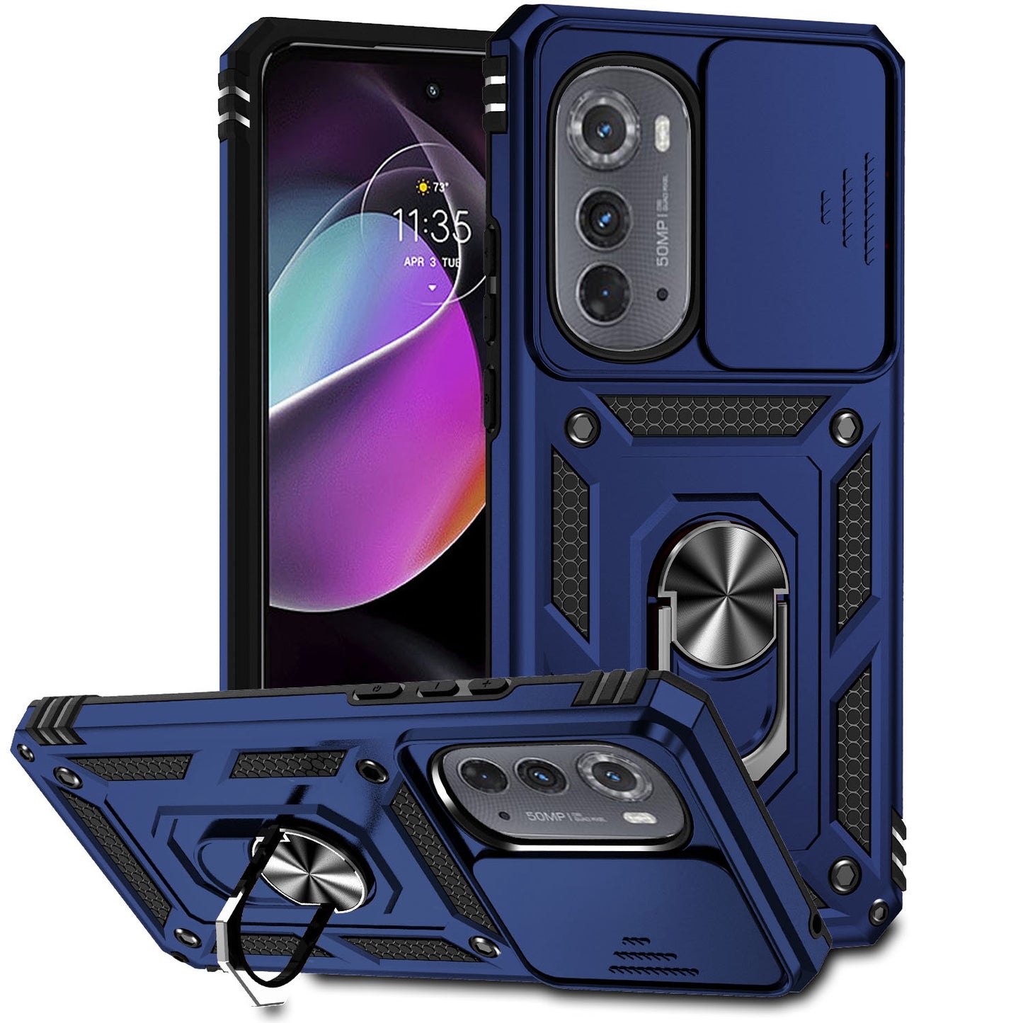 For Motorola Edge (2022) 5G Slide Camera Lid Design PC + TPU Protective Phone Cover Drop-proof Back Case with Metal Ring Kickstand