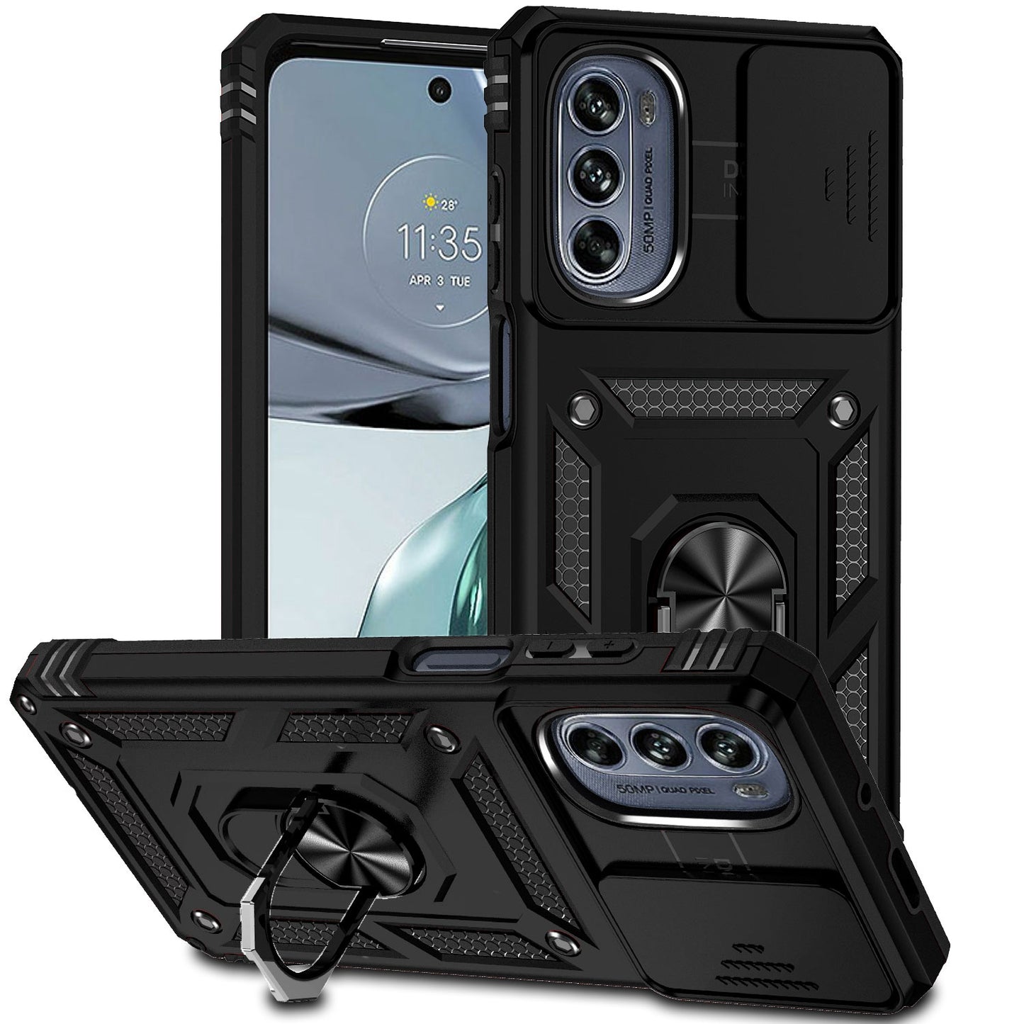 For Motorola Moto G62 5G Metal Ring Kickstand PC + TPU Protective Back Cover Drop-proof Case with Slide Camera Lid