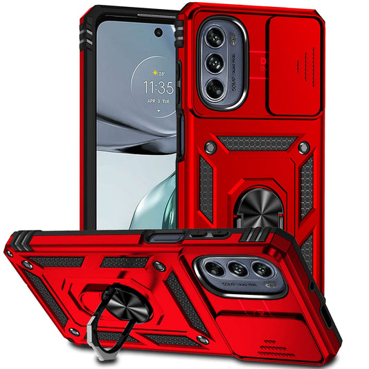 For Motorola Moto G62 5G Metal Ring Kickstand PC + TPU Protective Back Cover Drop-proof Case with Slide Camera Lid
