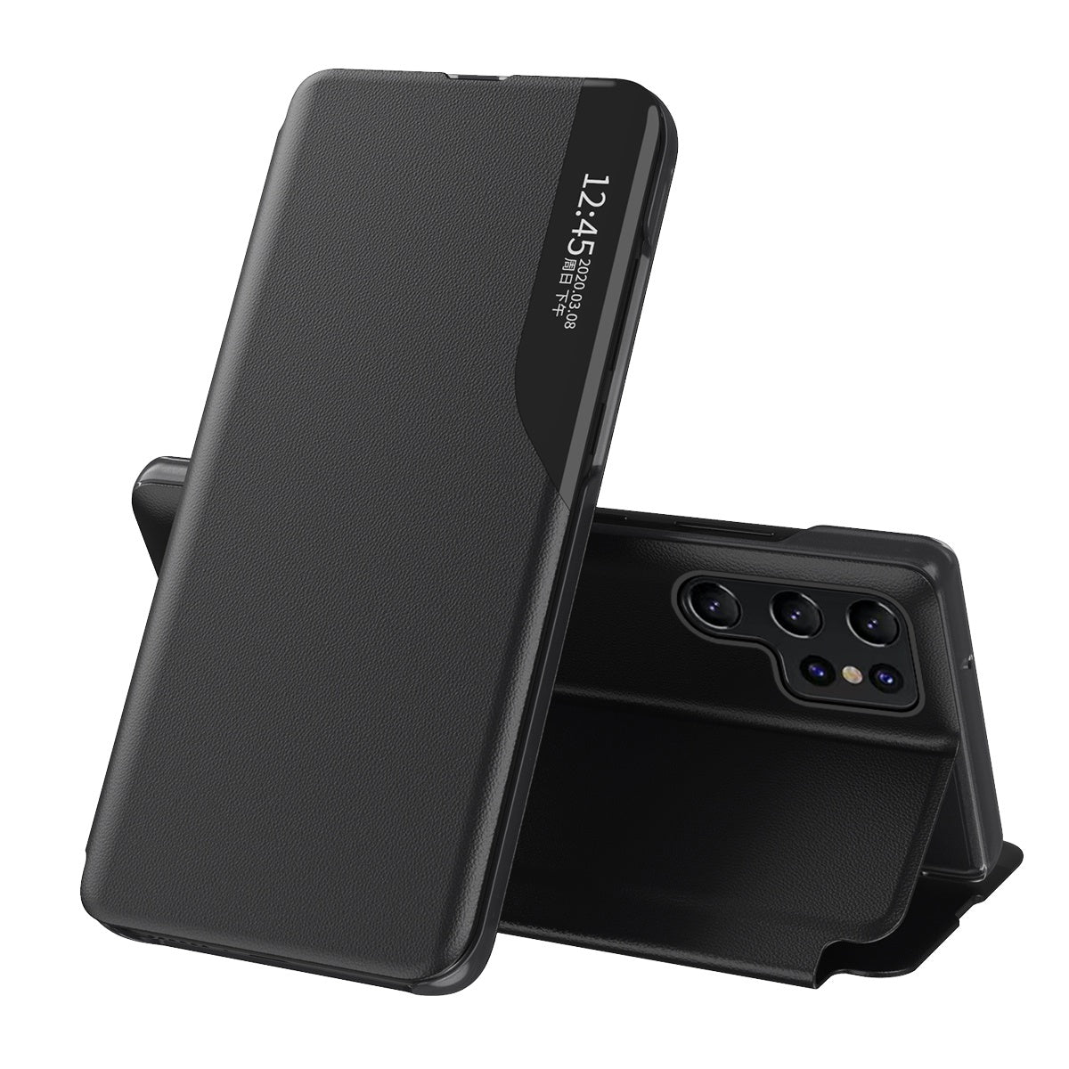 PU Leather Phone Case for Samsung Galaxy S23 Ultra Magnetic Closure Protective Case Anti-Fall View Window Folio Flip Cover with Stand