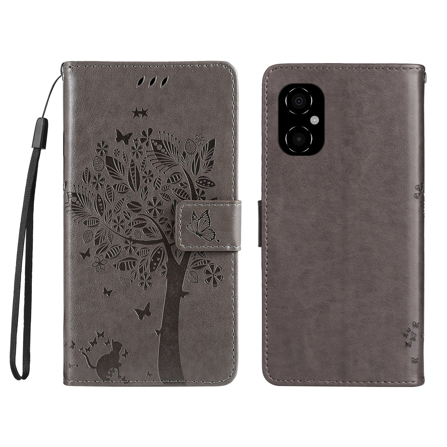 KT Imprinting Flower Series-3 for Xiaomi Poco M4 5G / Poco M5 (India) 4G Imprinted Cat Tree Pattern PU Leather Stand Case Magnetic Phone Wallet Cover