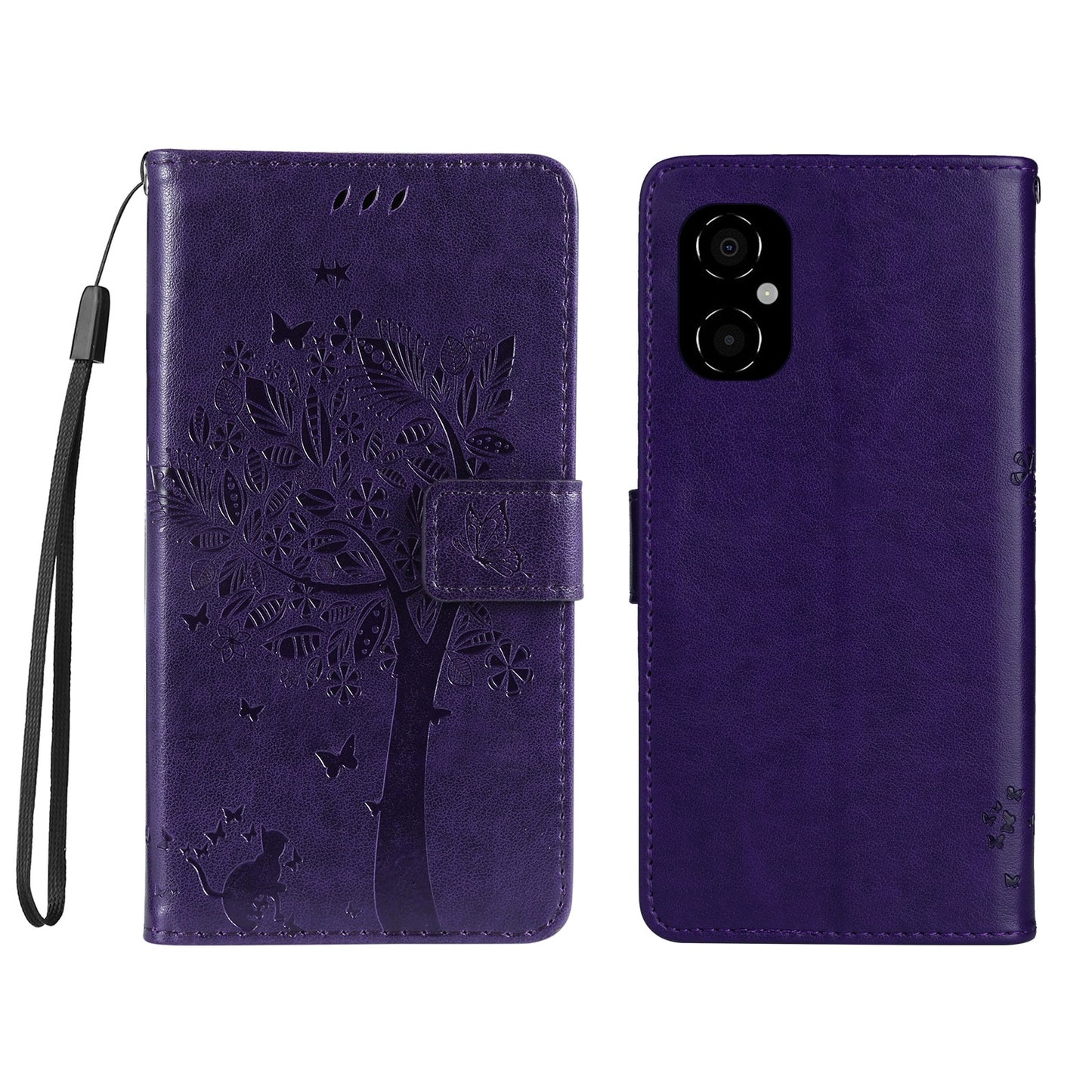 KT Imprinting Flower Series-3 for Xiaomi Poco M4 5G / Poco M5 (India) 4G Imprinted Cat Tree Pattern PU Leather Stand Case Magnetic Phone Wallet Cover