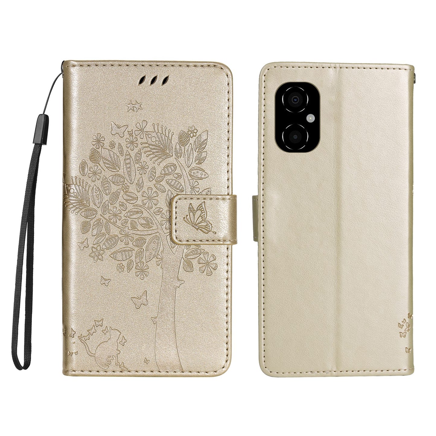 KT Imprinting Flower Series-3 for Xiaomi Poco M4 5G / Poco M5 (India) 4G Imprinted Cat Tree Pattern PU Leather Stand Case Magnetic Phone Wallet Cover
