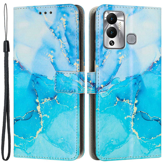 For Infinix Hot 12 Play 4G PU Leather Flip Stand Wallet Case Marble Pattern Printing Book Style Phone Cover with Strap