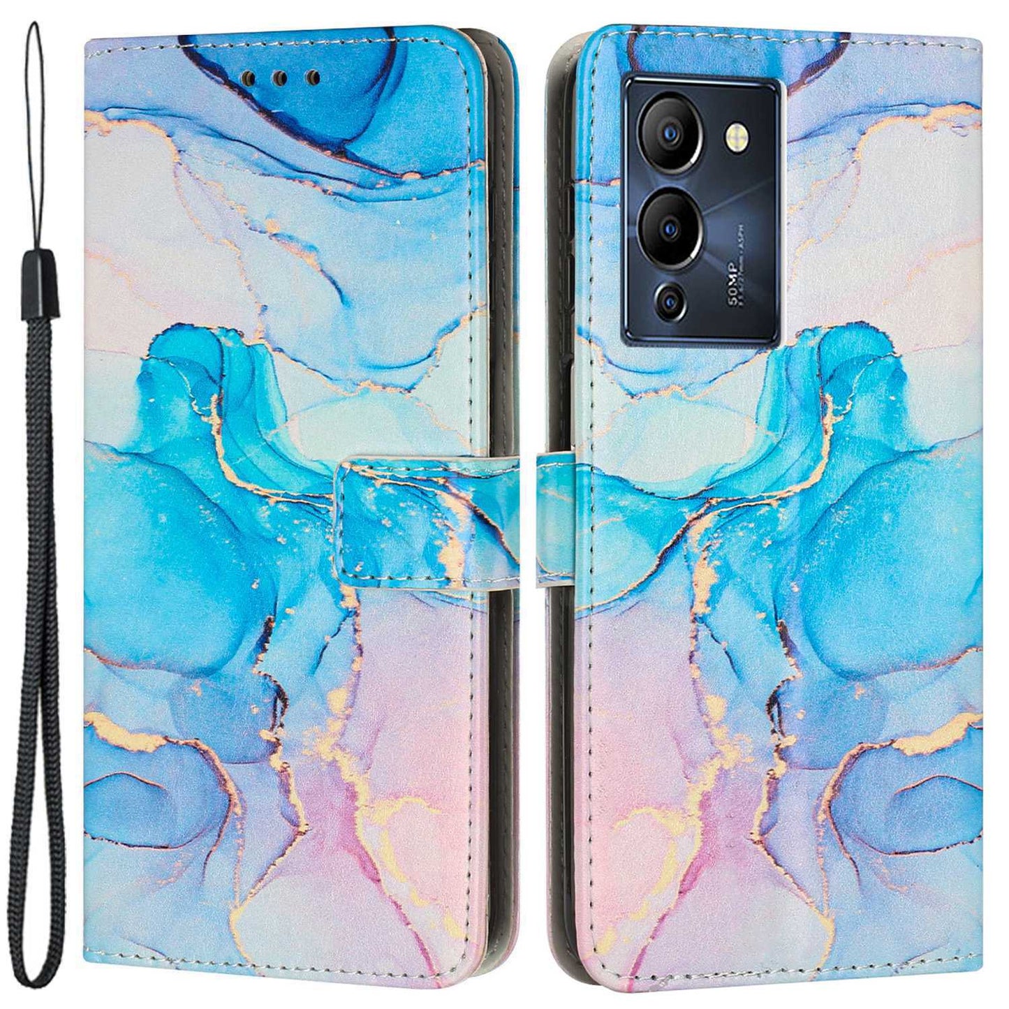 For Infinix Note 12 G96 4G Full Coverage PU Leather Flip Stand Wallet Case Marble Pattern Printing Phone Cover with Strap