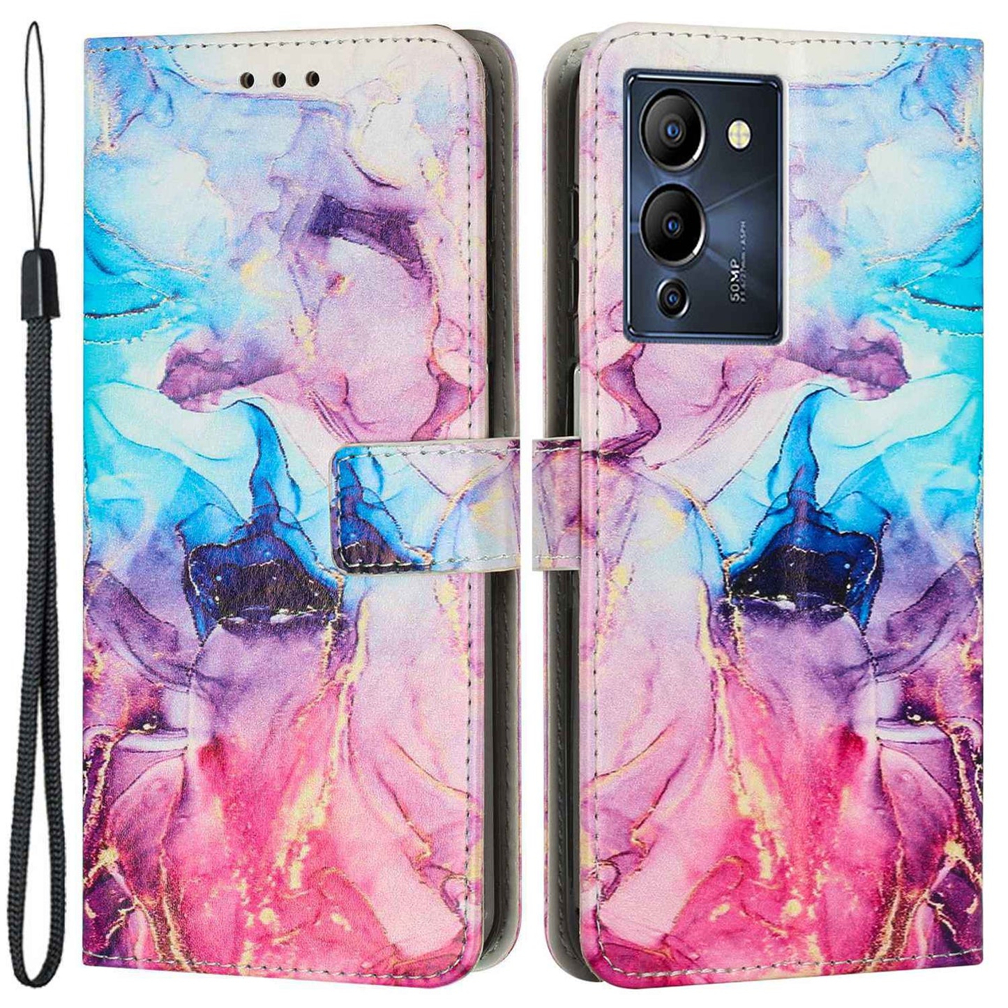 For Infinix Note 12 G96 4G Full Coverage PU Leather Flip Stand Wallet Case Marble Pattern Printing Phone Cover with Strap