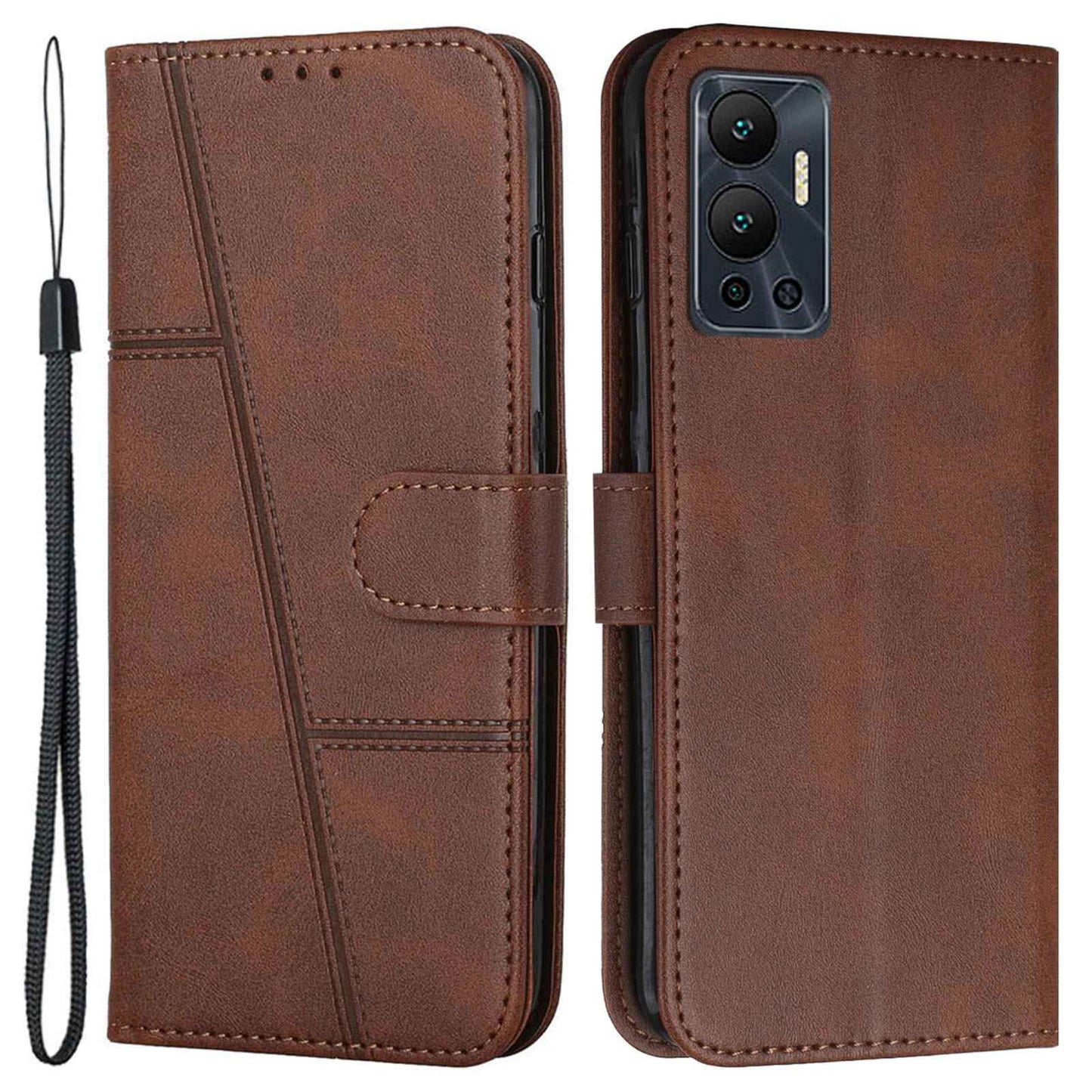 For Infinix Hot 12 4G Stand Wallet Stitching PU Leather Case Full Protection TPU Phone Cover with Strap