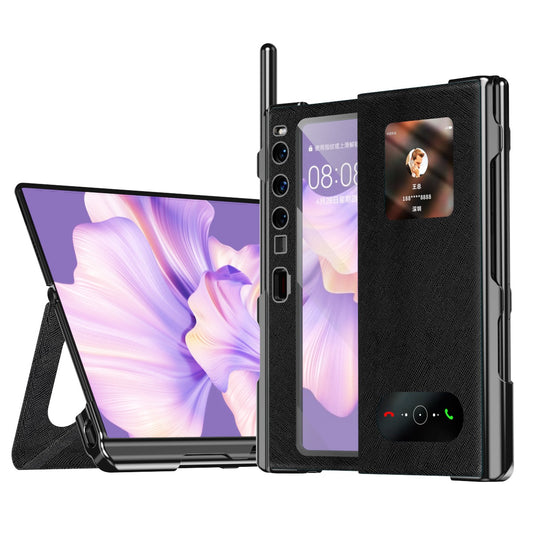 For Huawei Mate Xs 2 Cross Texture Stand Folio Phone Case PU Leather + PC Anti-Scratch Electroplating Cover with Tempered Glass Film and Stylus Pen