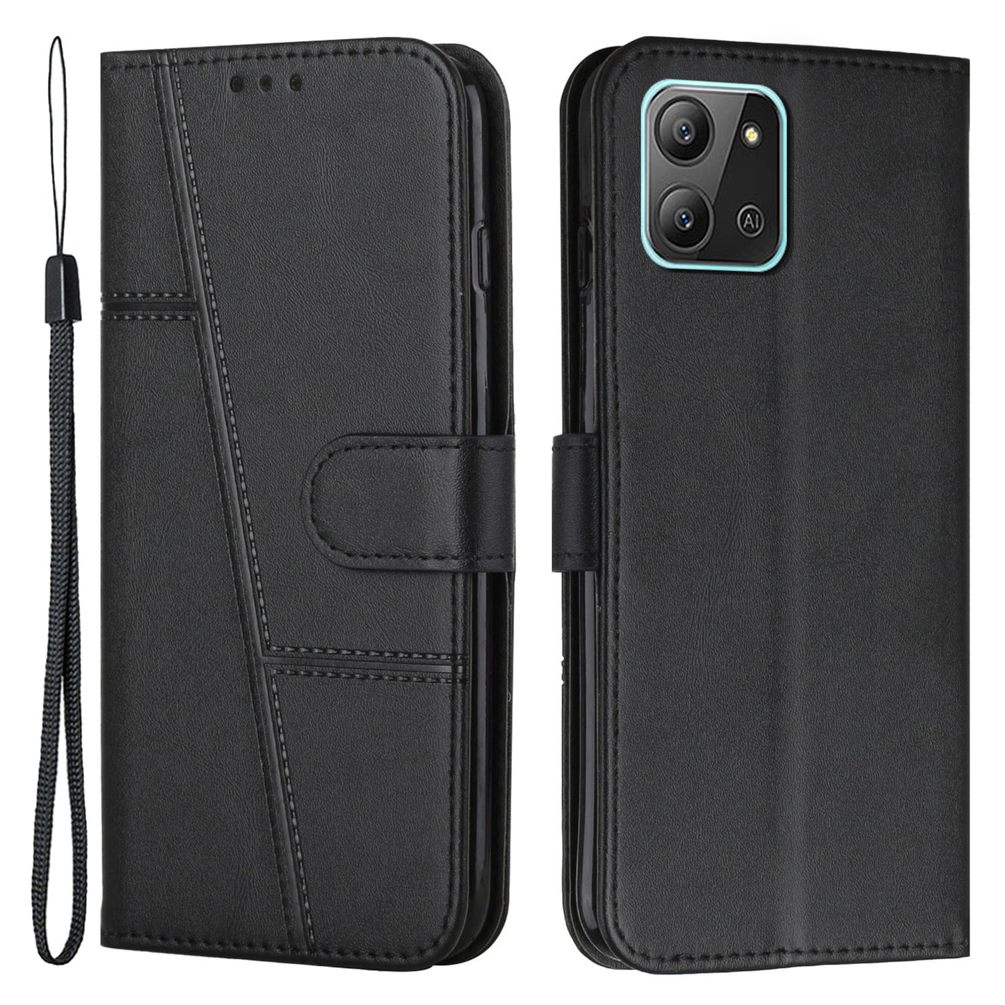 For Infinix Hot 11 2022 4G Foldable Stand Phone Cover Stitching Lines PU Leather + TPU Wallet Case with Strap