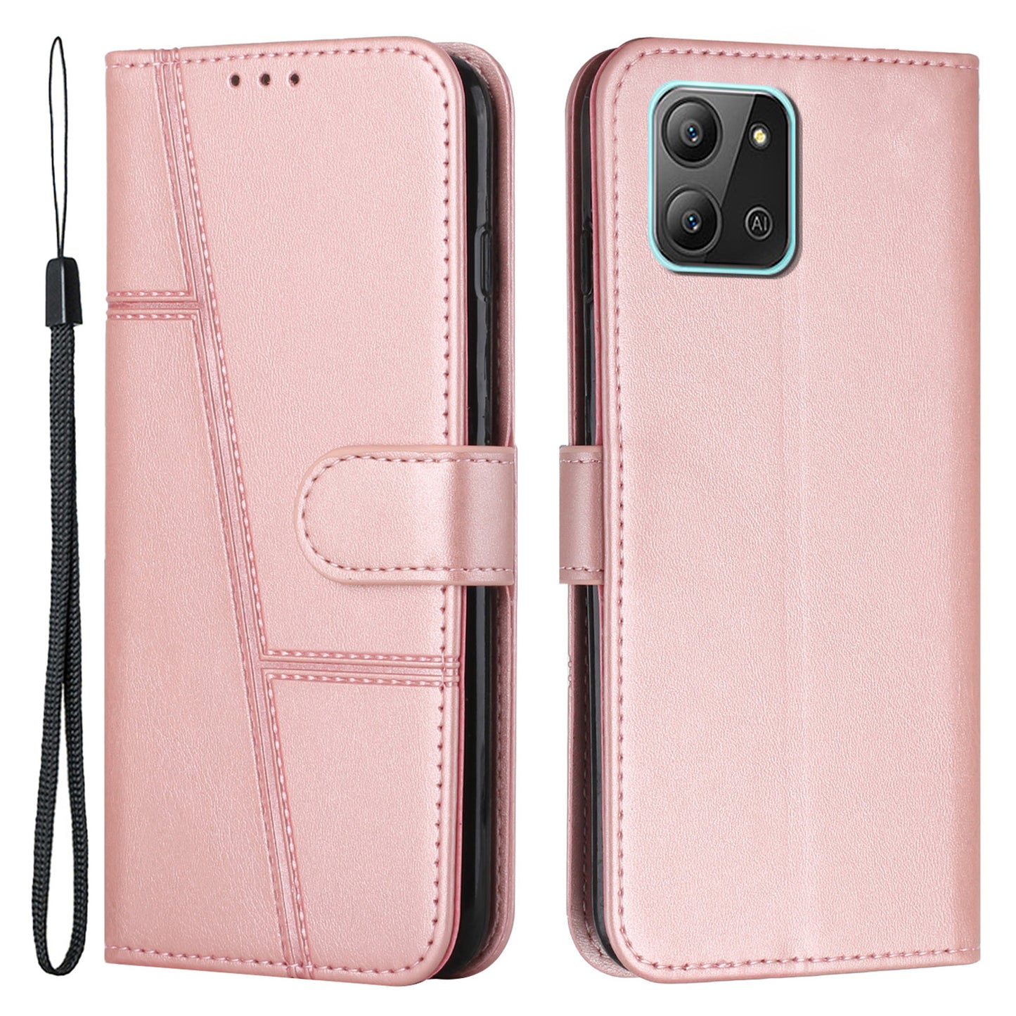 For Infinix Hot 11 2022 4G Foldable Stand Phone Cover Stitching Lines PU Leather + TPU Wallet Case with Strap