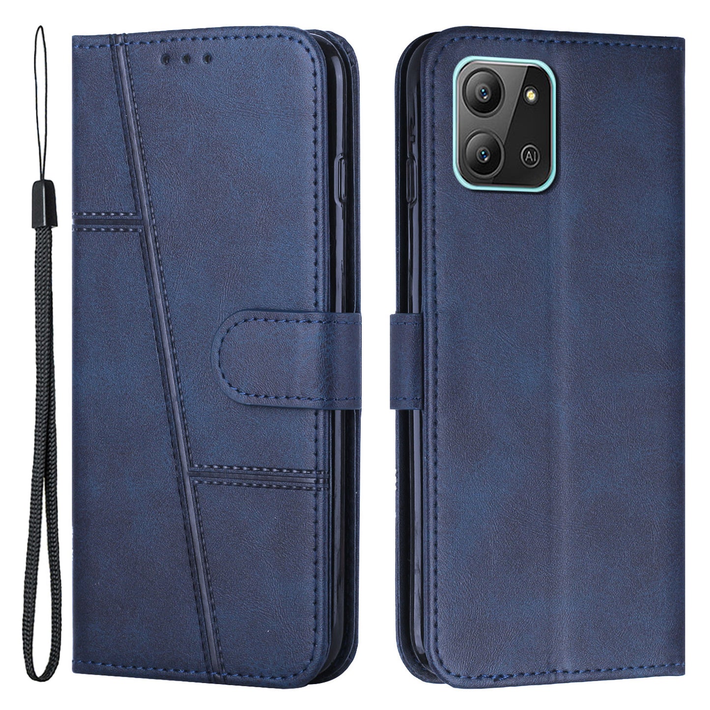 For Infinix Hot 11 2022 4G Foldable Stand Phone Cover Stitching Lines PU Leather + TPU Wallet Case with Strap