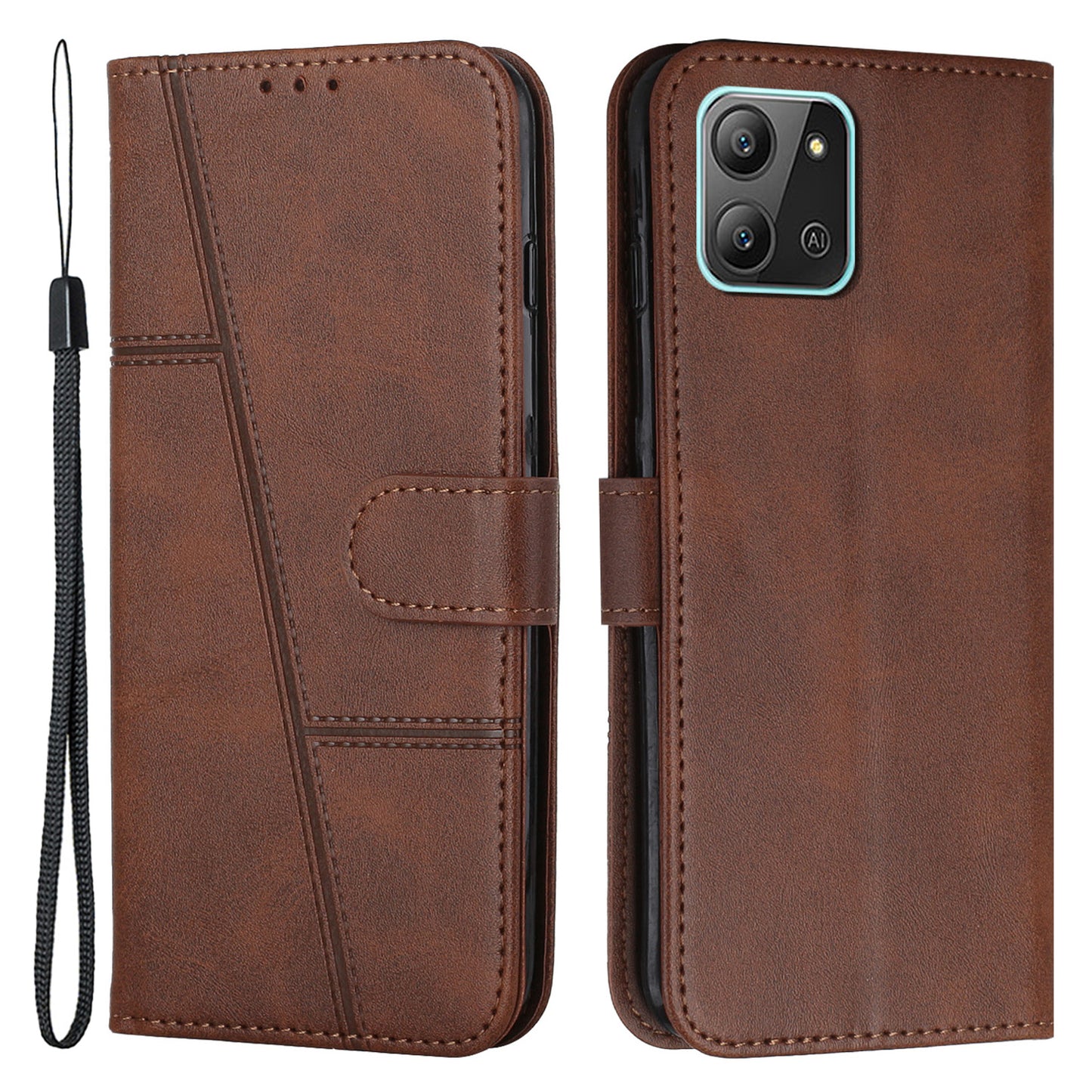 For Infinix Hot 11 2022 4G Foldable Stand Phone Cover Stitching Lines PU Leather + TPU Wallet Case with Strap