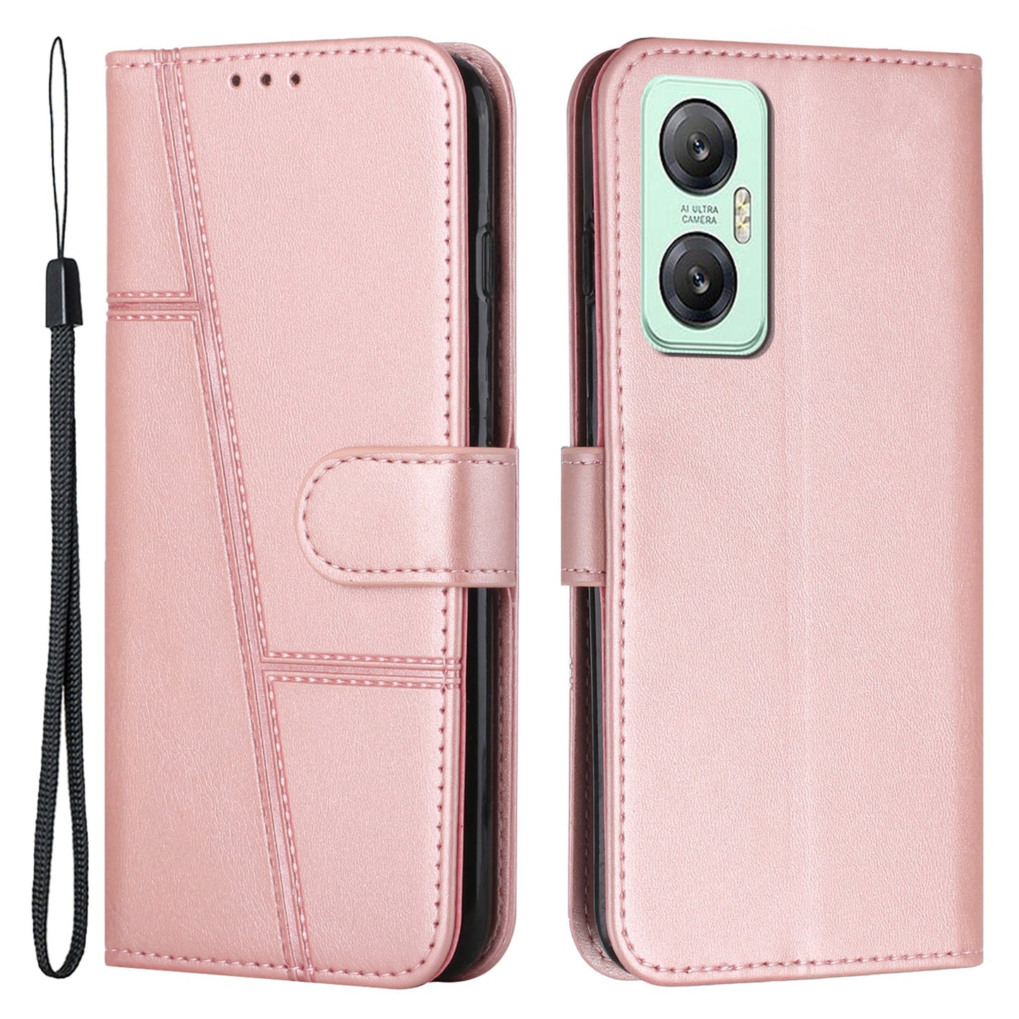 For Infinix Hot 20 5G PU Leather Stitching Lines Phone Stand Case Anti-scratch Wallet Folio Flip Phone Cover with Strap