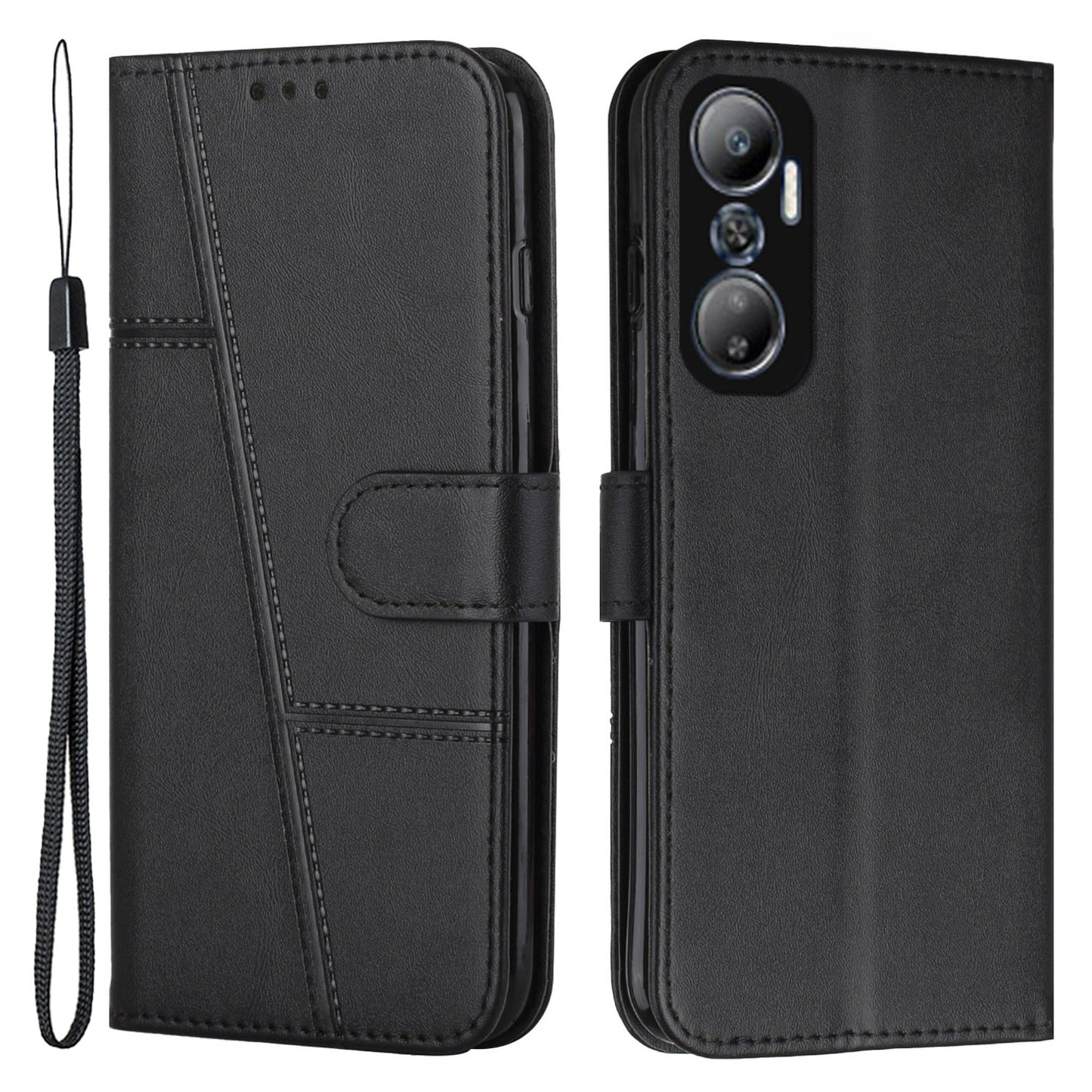 For Infinix Hot 20 4G Stand Wallet Stitching Lines Cell Phone Case PU Leather Magnetic Clasp Protective Cover with Strap