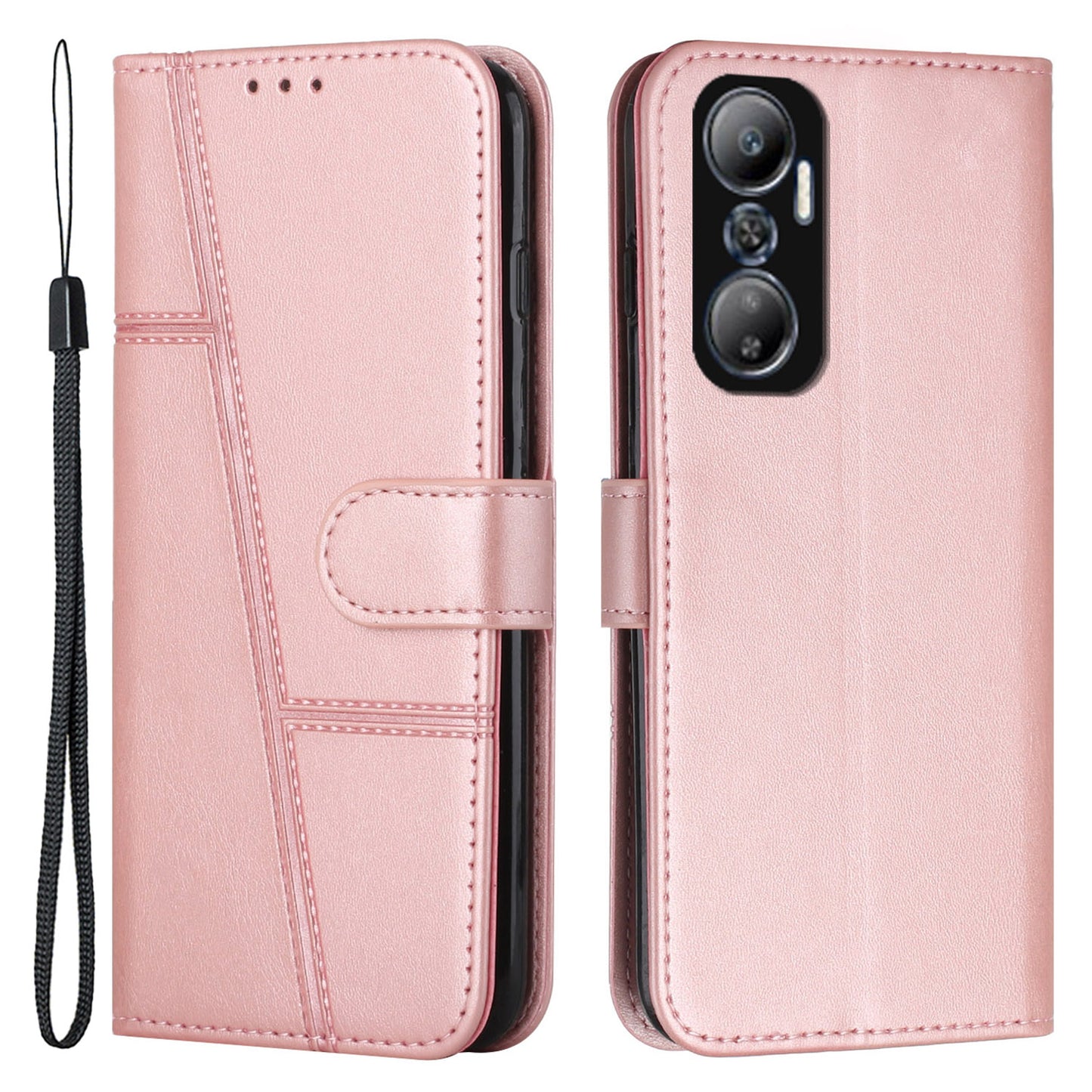 For Infinix Hot 20 4G Stand Wallet Stitching Lines Cell Phone Case PU Leather Magnetic Clasp Protective Cover with Strap