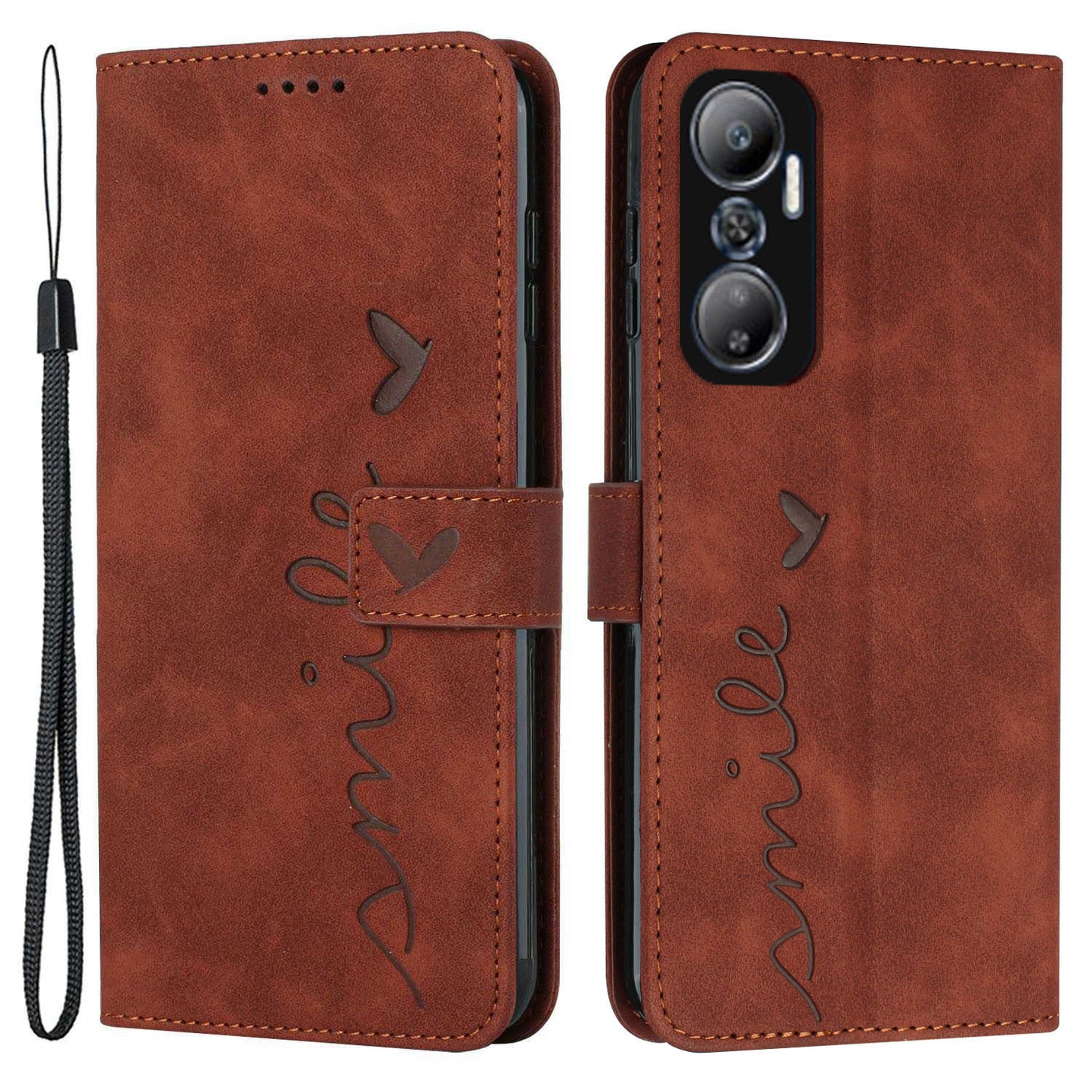 For Infinix Hot 20 4G Skin-touch PU Leather Wallet Case Stand Feature Imprinted Heart Shape Flip Magnetic Phone Cover with Strap