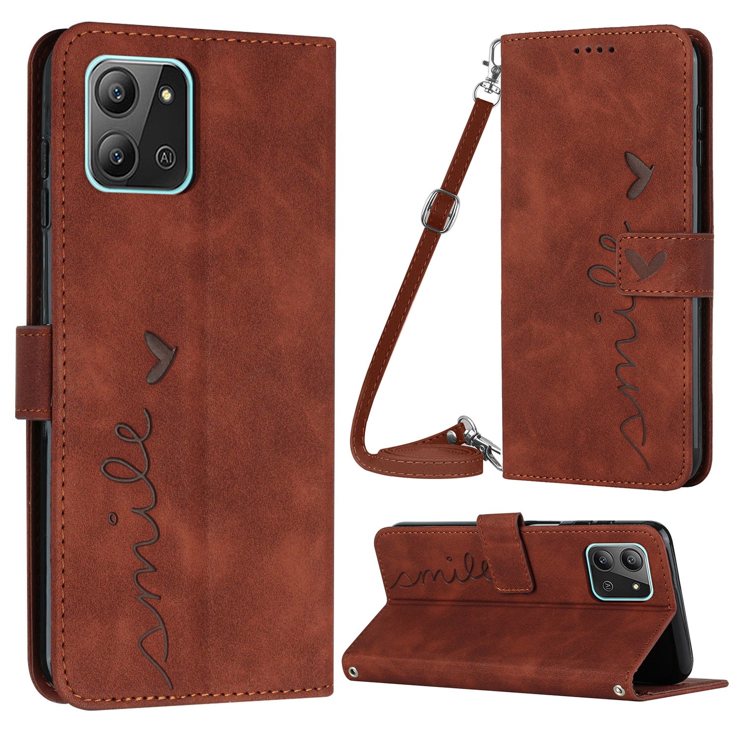 For Infinix Hot 11 2022 4G Skin-touch PU Leather Flip Folio Phone Case Imprinted Heart Shape Stand Wallet Magnetic Closure Cover with Shoulder Strap