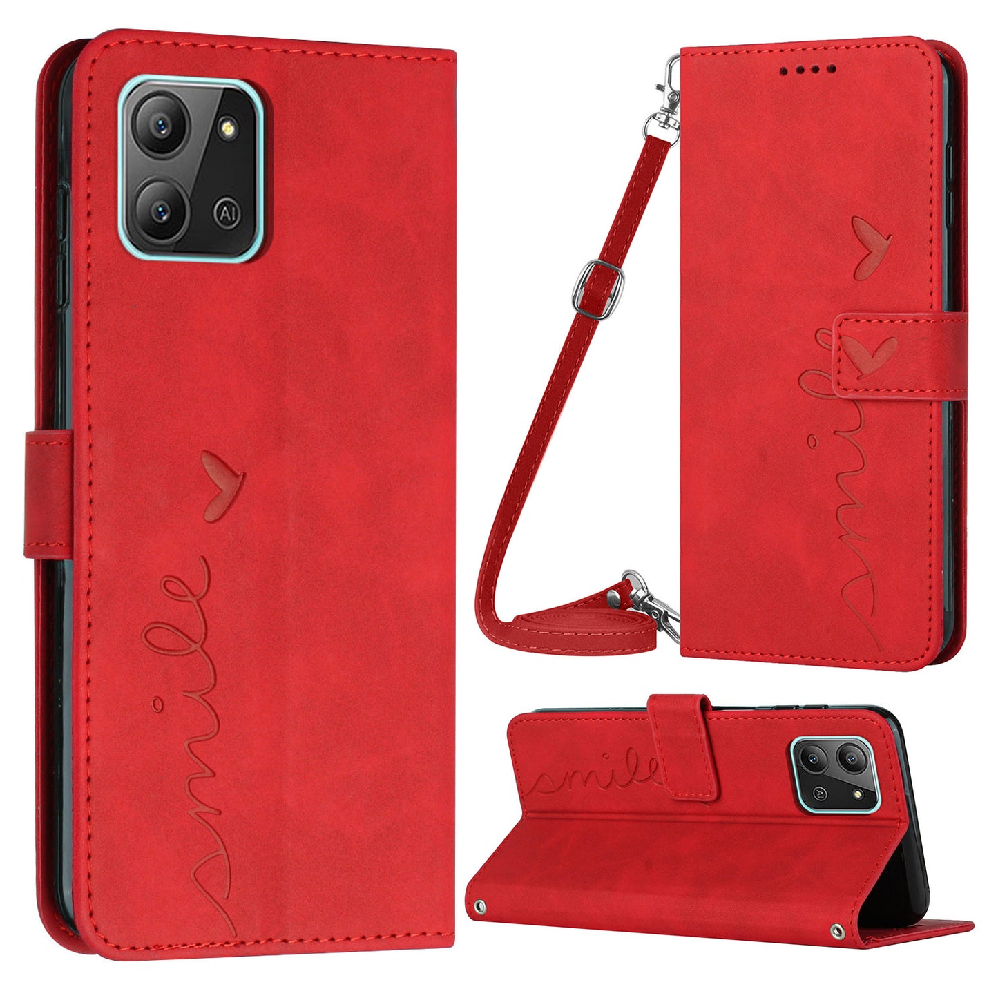 For Infinix Hot 11 2022 4G Skin-touch PU Leather Flip Folio Phone Case Imprinted Heart Shape Stand Wallet Magnetic Closure Cover with Shoulder Strap
