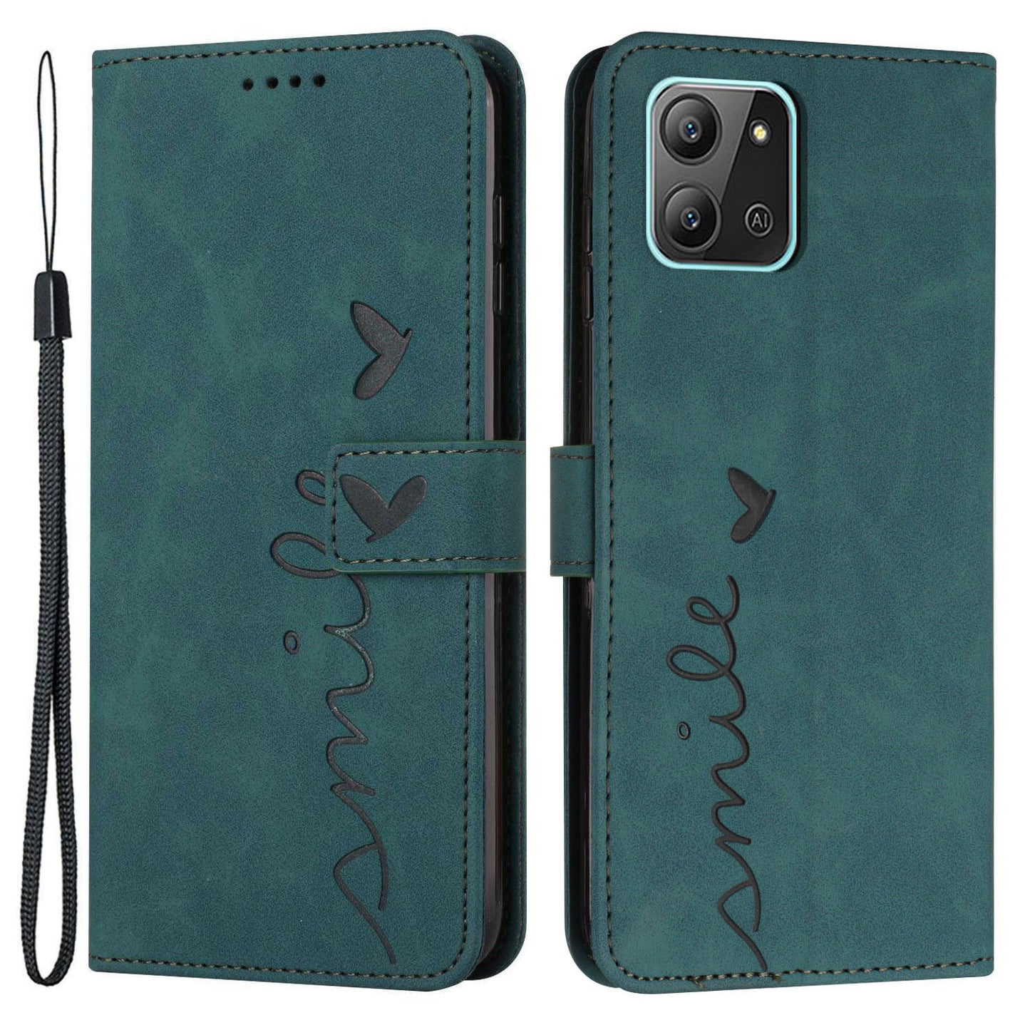 For Infinix Hot 11 2022 4G Anti-fall Protective Phone Flip Wallet Case Stand Imprinted Heart Shape Magnetic Skin-touch PU Leather Phone Cover with Strap