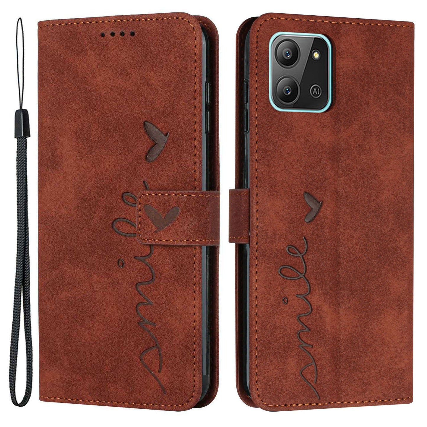 For Infinix Hot 11 2022 4G Anti-fall Protective Phone Flip Wallet Case Stand Imprinted Heart Shape Magnetic Skin-touch PU Leather Phone Cover with Strap