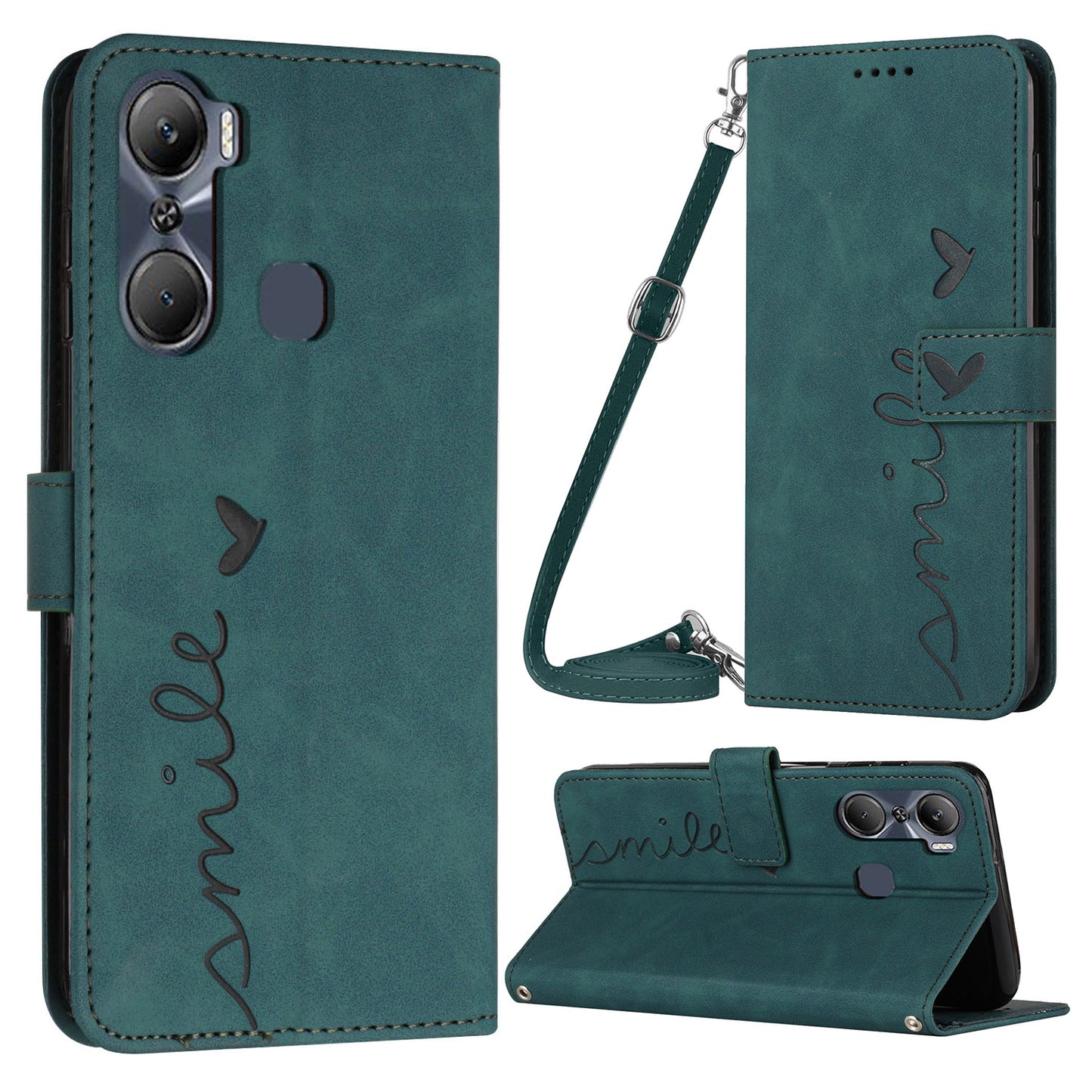 For Infinix Hot 12 Pro 4G Skin-touch Feeling PU Leather Case Imprinted Heart Shape Wallet Stand Shockproof Phone Cover with Shoulder Strap