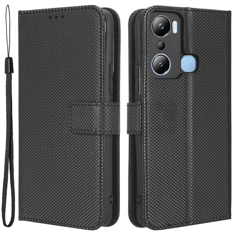 For Infinix Hot 20i 4G X665C / X665E Diamond Texture PU Leather Case Full Protection Stand Wallet Phone Cover with Strap
