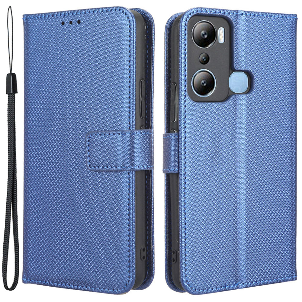 For Infinix Hot 20i 4G X665C / X665E Diamond Texture PU Leather Case Full Protection Stand Wallet Phone Cover with Strap