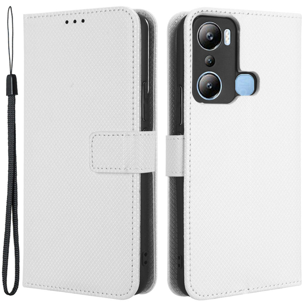 For Infinix Hot 20i 4G X665C / X665E Diamond Texture PU Leather Case Full Protection Stand Wallet Phone Cover with Strap