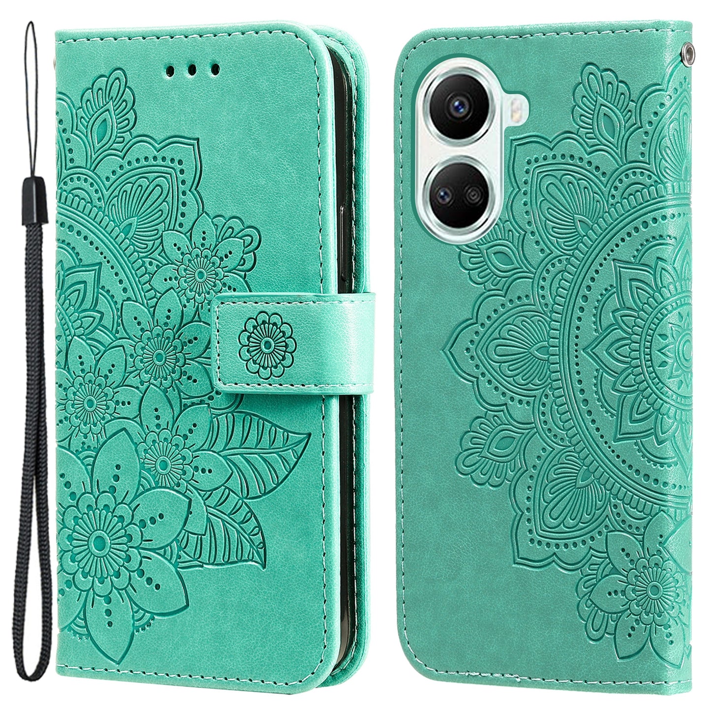 For Huawei nova 10 SE 4G Flower Imprinting PU Leather Stand Case Full Protection Phone Wallet Cover with Strap