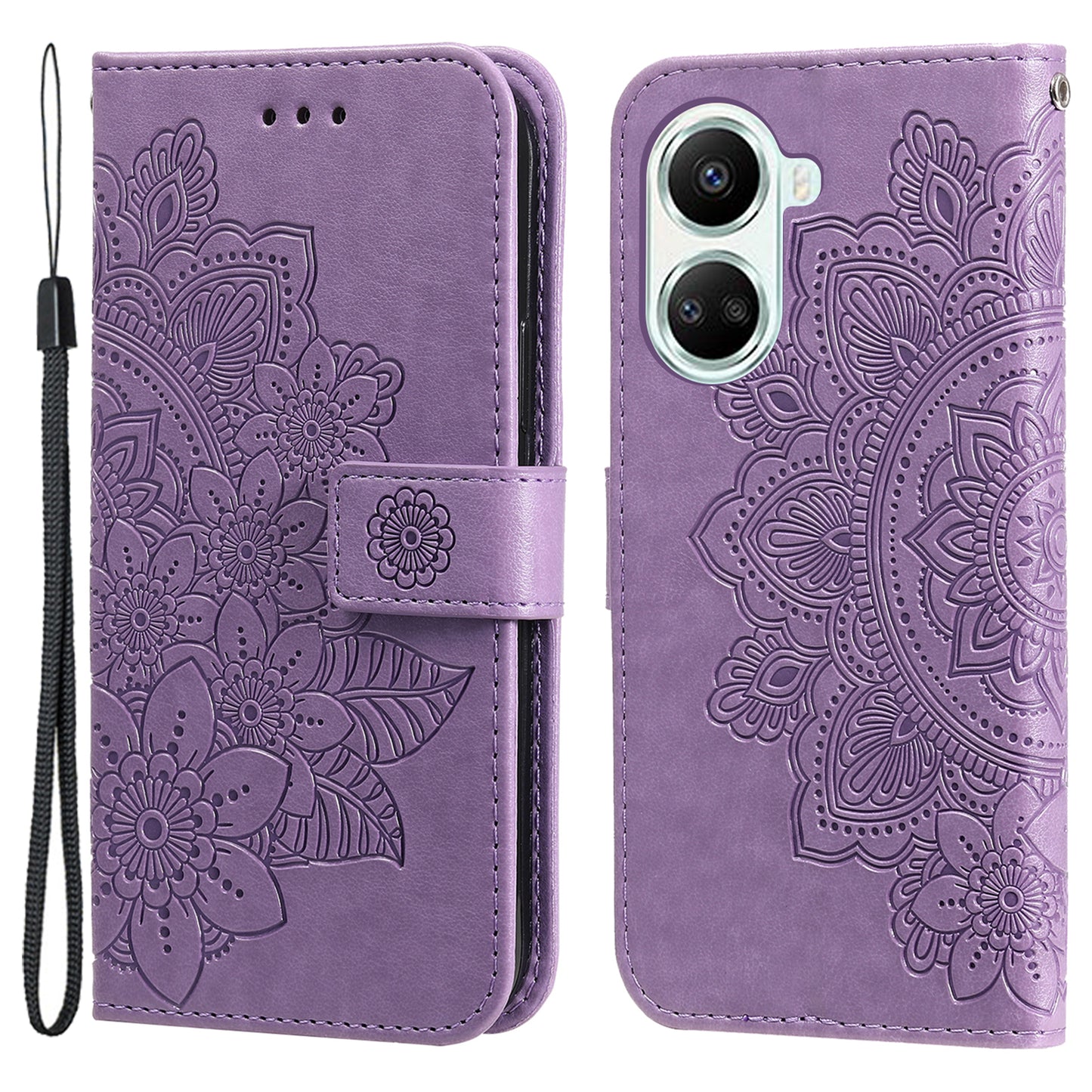 For Huawei nova 10 SE 4G Flower Imprinting PU Leather Stand Case Full Protection Phone Wallet Cover with Strap
