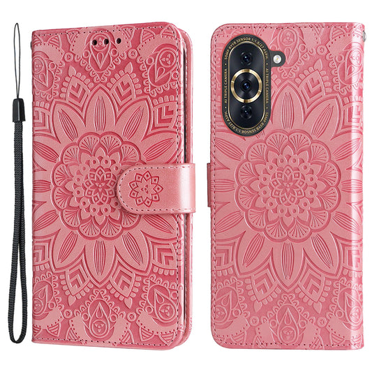 For Huawei nova 10 4G PU Leather Stand Wallet Case Sunflower Imprinted Shockproof Phone Cover with Wrist Strap