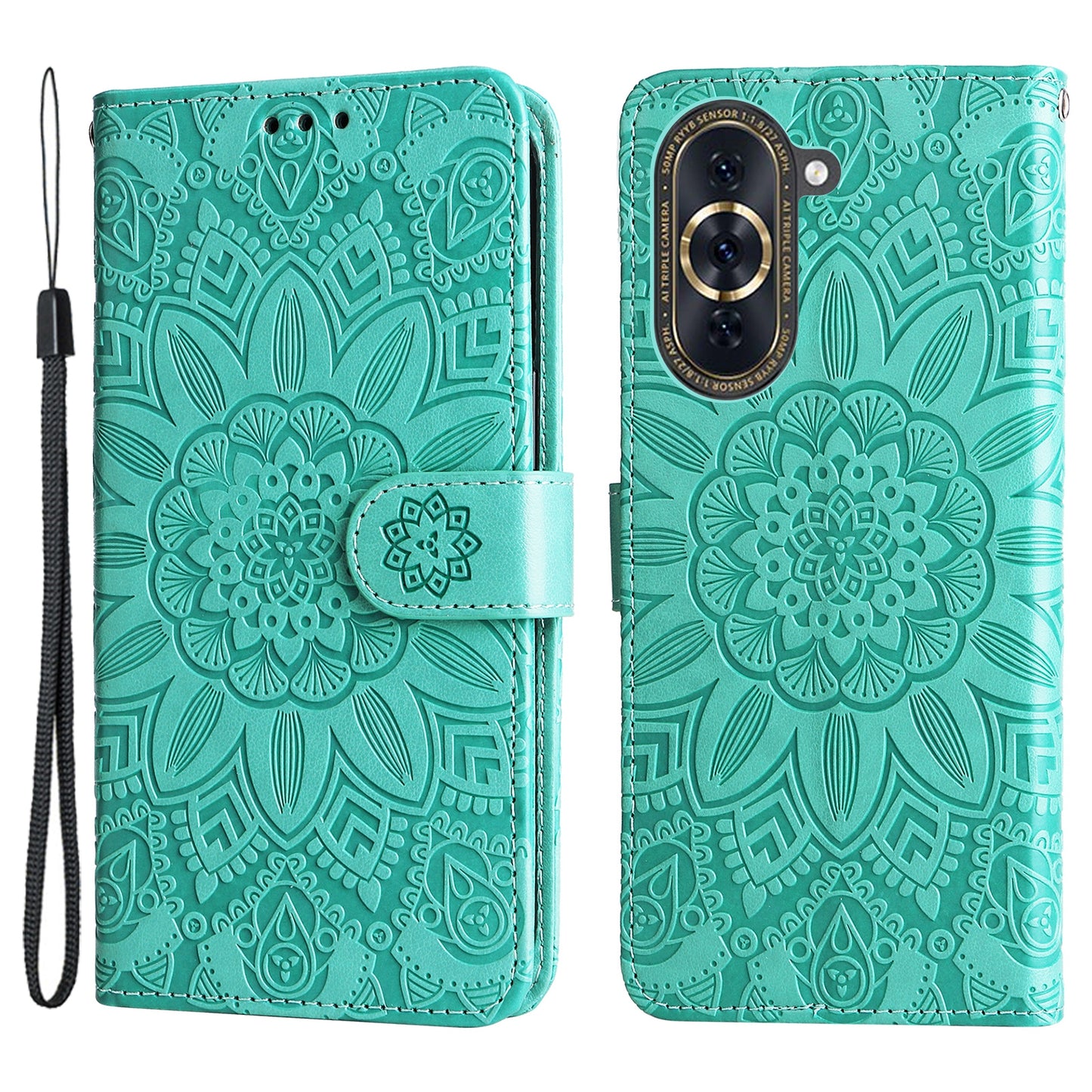 For Huawei nova 10 4G PU Leather Stand Wallet Case Sunflower Imprinted Shockproof Phone Cover with Wrist Strap