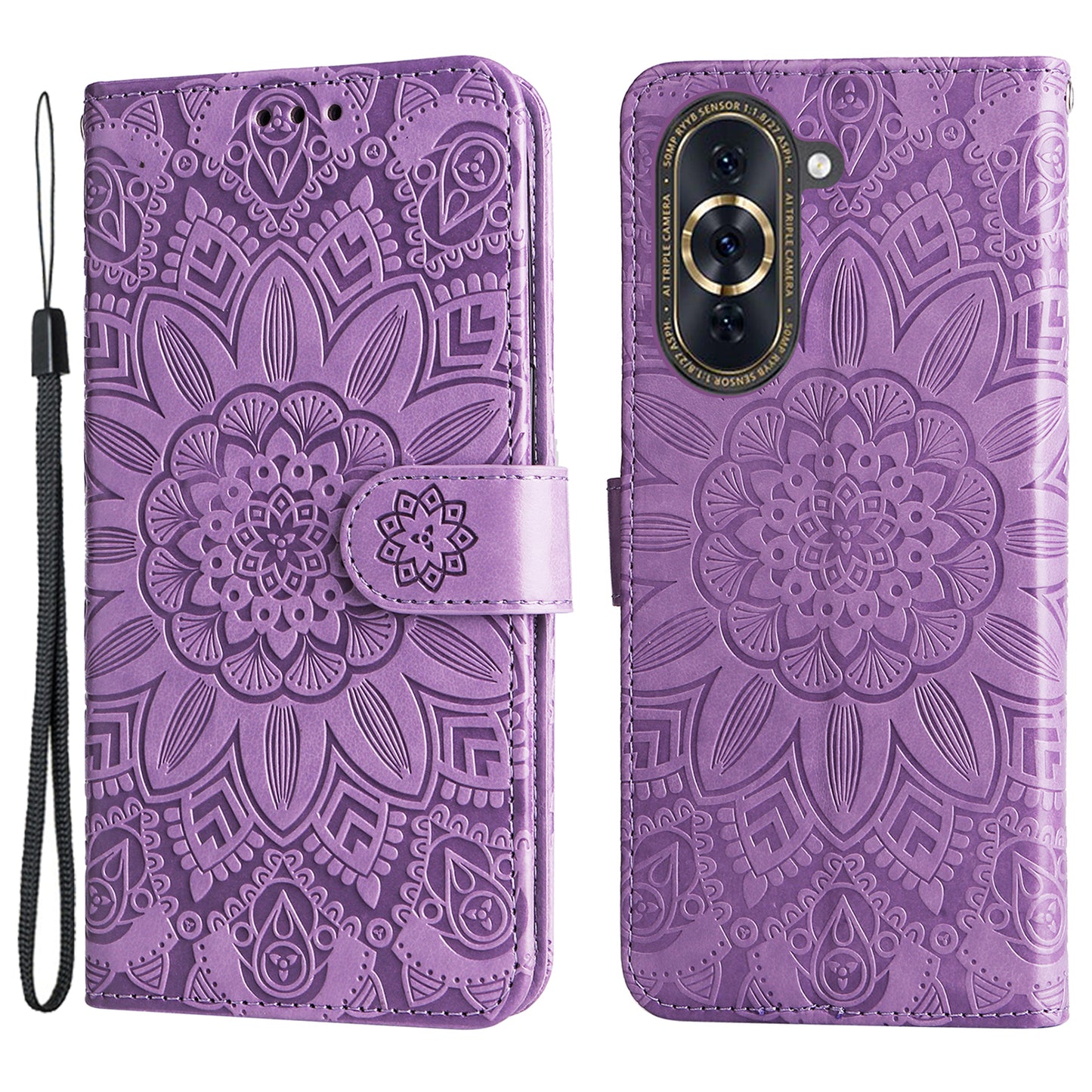 For Huawei nova 10 Pro 4G Sunflower Imprinted Phone Case Anti-scratch PU Leather Stand Wallet Cover with Wrist Strap