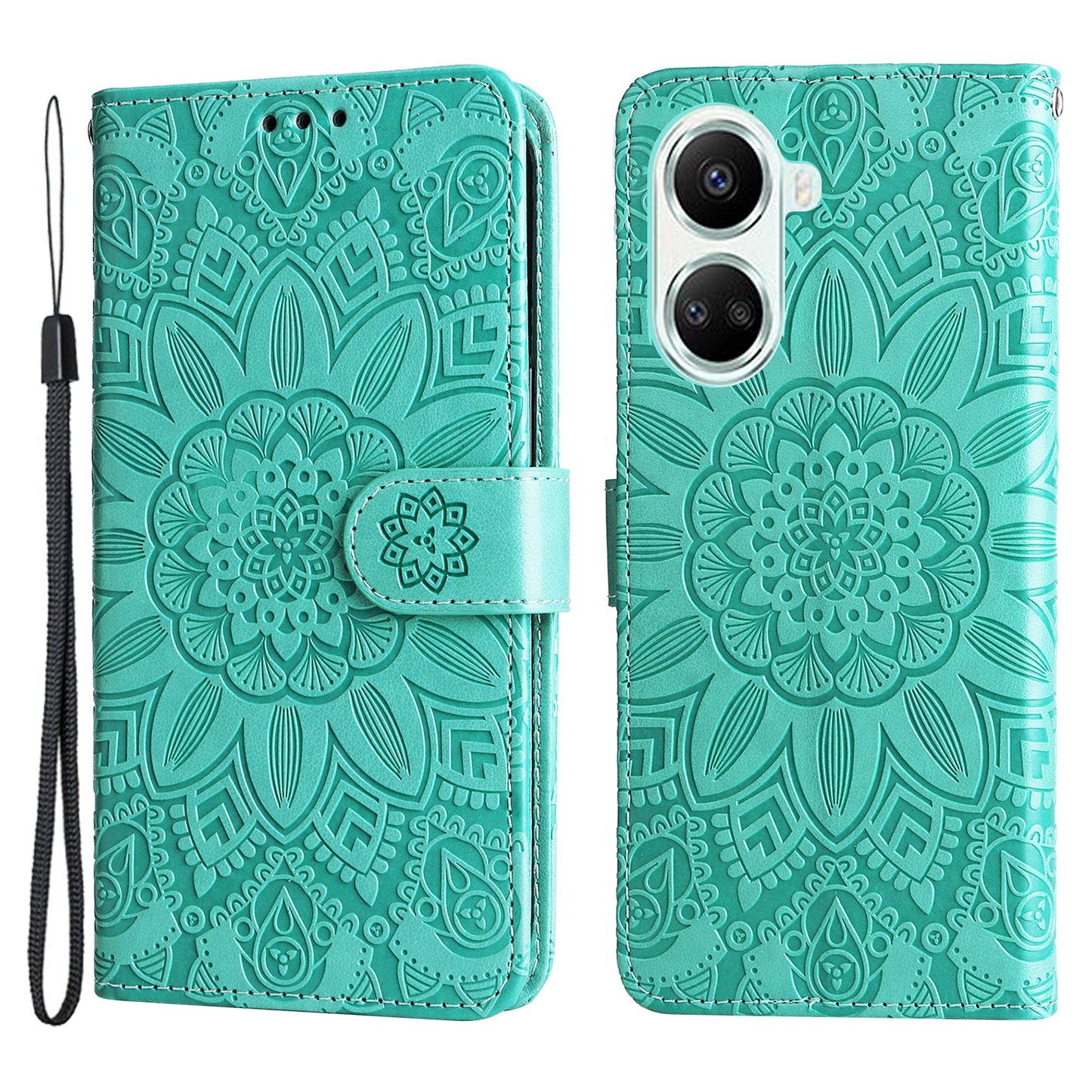 For Huawei nova 10 SE 4G Sunflower Imprinted Phone Case PU Leather Stand Wallet Magnetic Clasp Cover with Wrist Strap