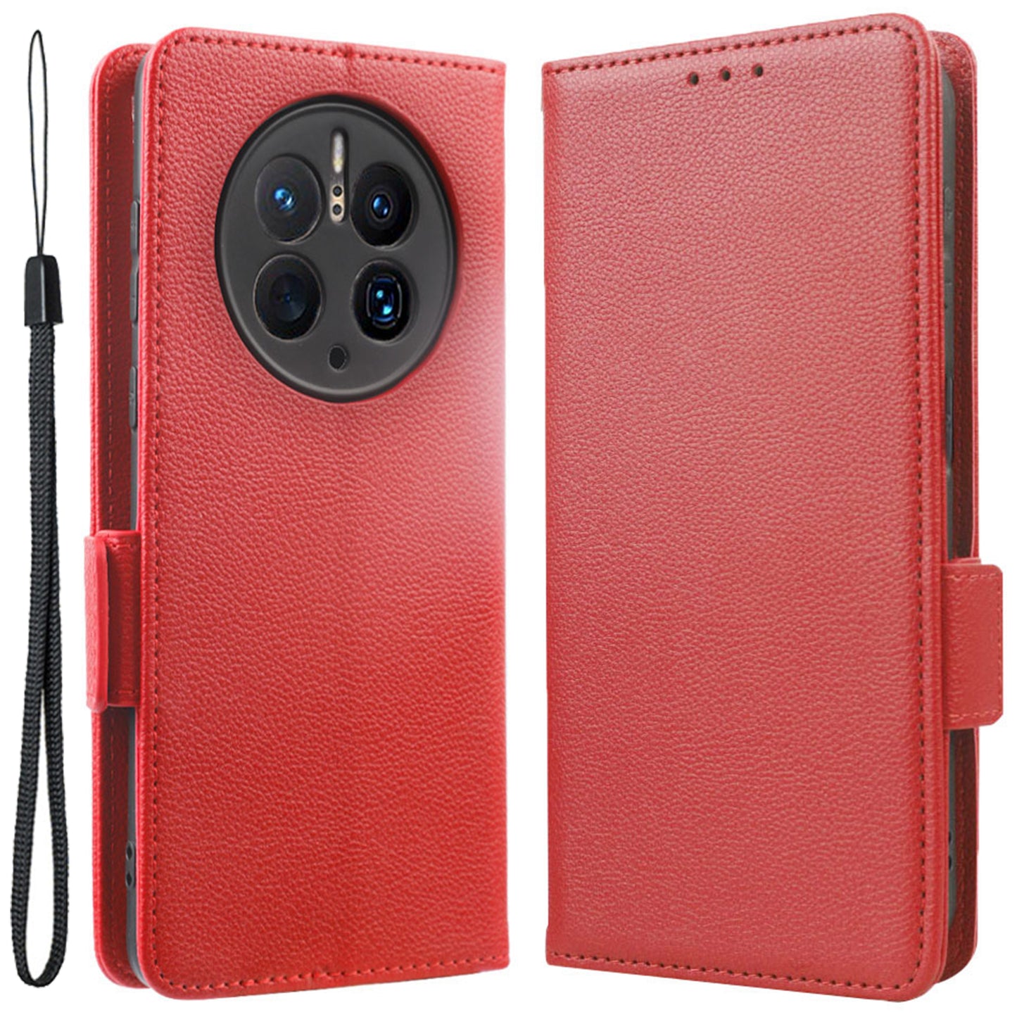 For Huawei Mate 50 Pro 4G Magnetic Phone Cover Litchi Texture Wallet Foldable Stand PU Leather Flip Phone Case with Strap