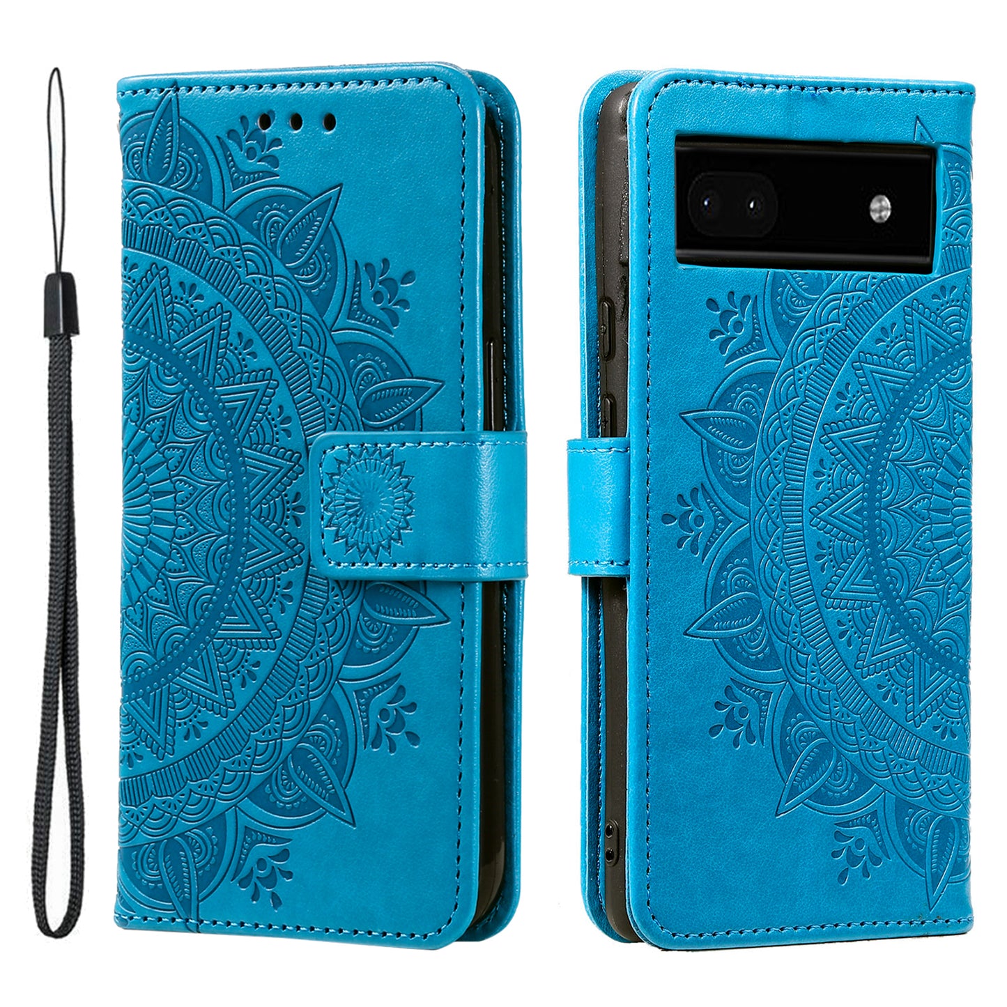 For Google Pixel 7a Imprinted Mandala Flower Phone Case PU Leather Wallet Stand Magnetic Clasp Cover with Strap