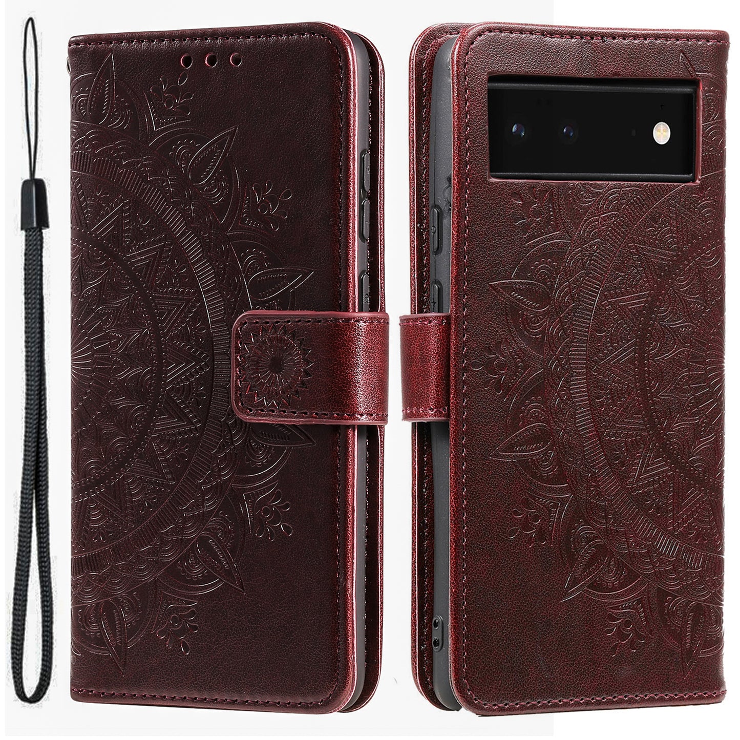 For Google Pixel 7a Imprinted Mandala Flower Phone Case PU Leather Wallet Stand Magnetic Clasp Cover with Strap