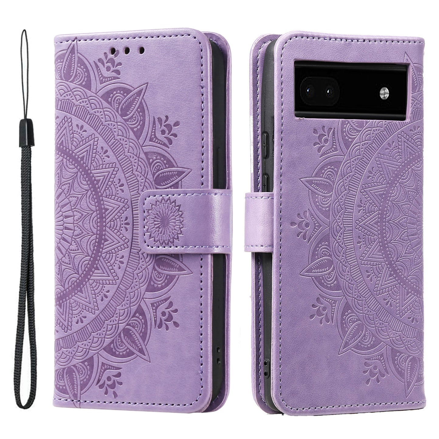 For Google Pixel 7a Imprinted Mandala Flower Phone Case PU Leather Wallet Stand Magnetic Clasp Cover with Strap